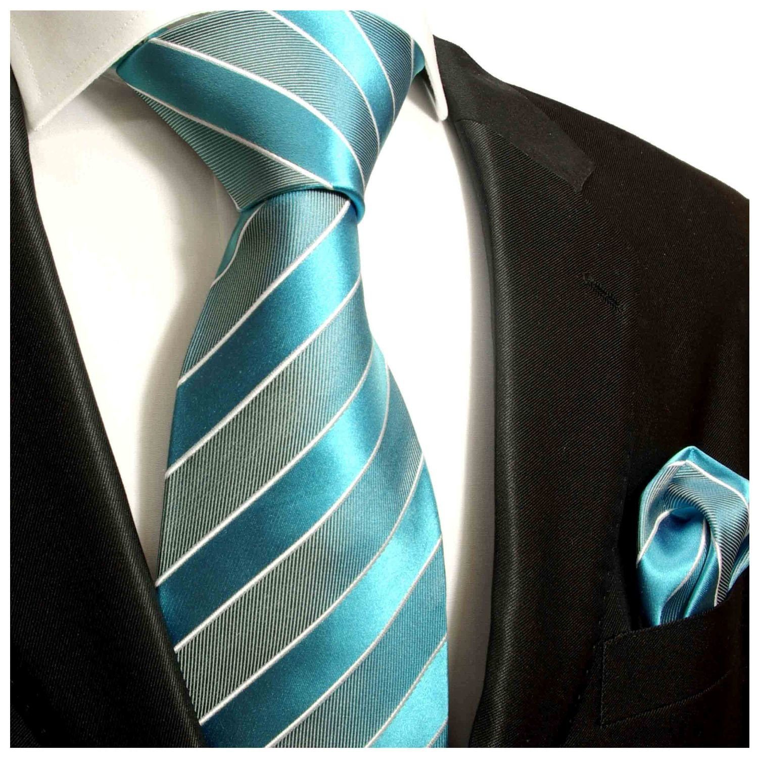 Paul Malone Krawatte Seidenkrawatte Tuch türkis mit 690 Schlips (Set, gestreift und (6cm), Seide Krawatte Einstecktuch) modern Herren 100% 2-St., Schmal