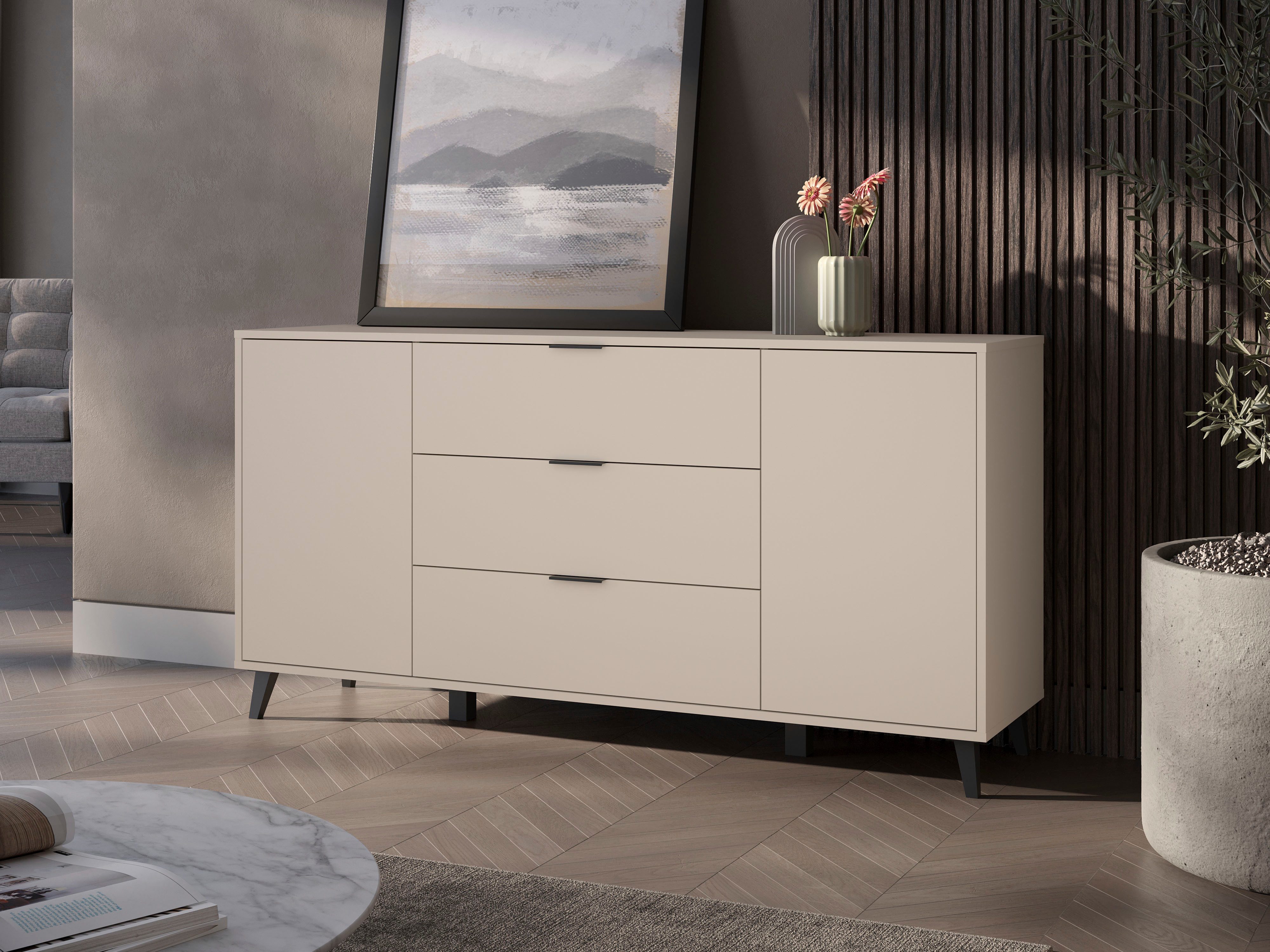 OTTO home Sideboard Oslo, B/H/T: 150/76/39,5 cm, 3 Schubladen, 2 Türen mit Push-to-open, schwarze Metallgriffe