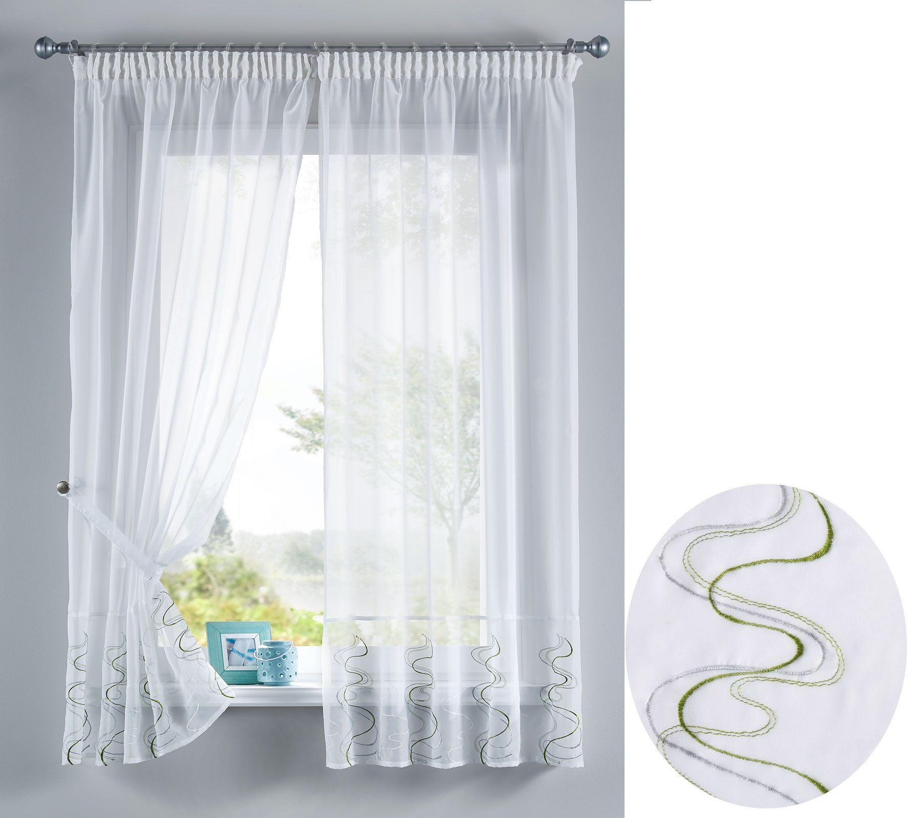 Gardinenbox Gardine (2 St), Stangendurchzug, transparent, WELLE Stickerei Gardinen Set 2 Tlg. Raffhalter Tunneldurchzug Gardinen