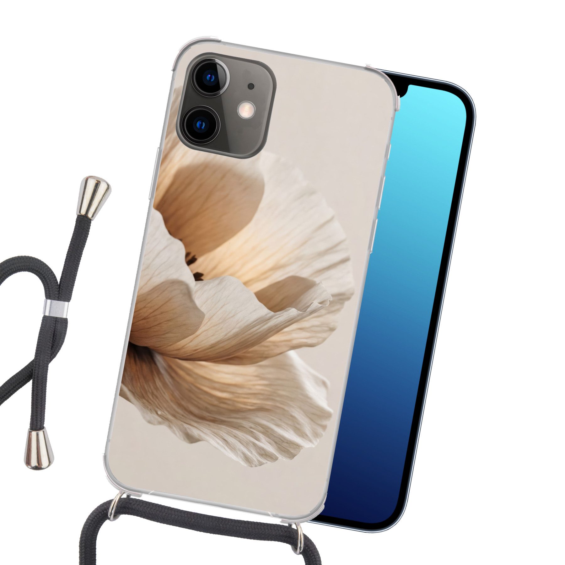 MuchoWow Handyhülle für Apple iPhone 12 Blume - Beige - Creme, Tragbare Handyhüllen mit Kette zum umhängen, Handykette Handyband