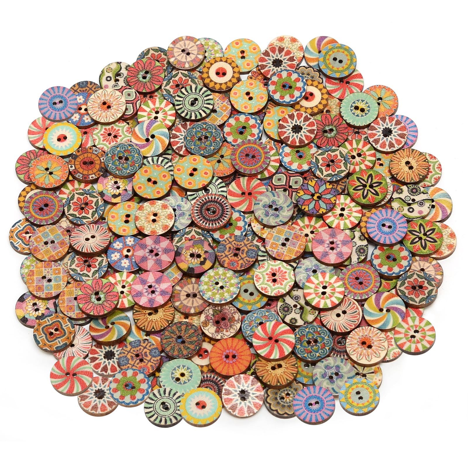 FOUORTUNATE-BEE Knopf 200 Stück Bunte Holzknöpfe, 15mm Vintage Knöpfe mit 2 Löchern, Knöpfe für Strickjacken, Kleidung, Dekoration, DIY, Basteln, Nähen