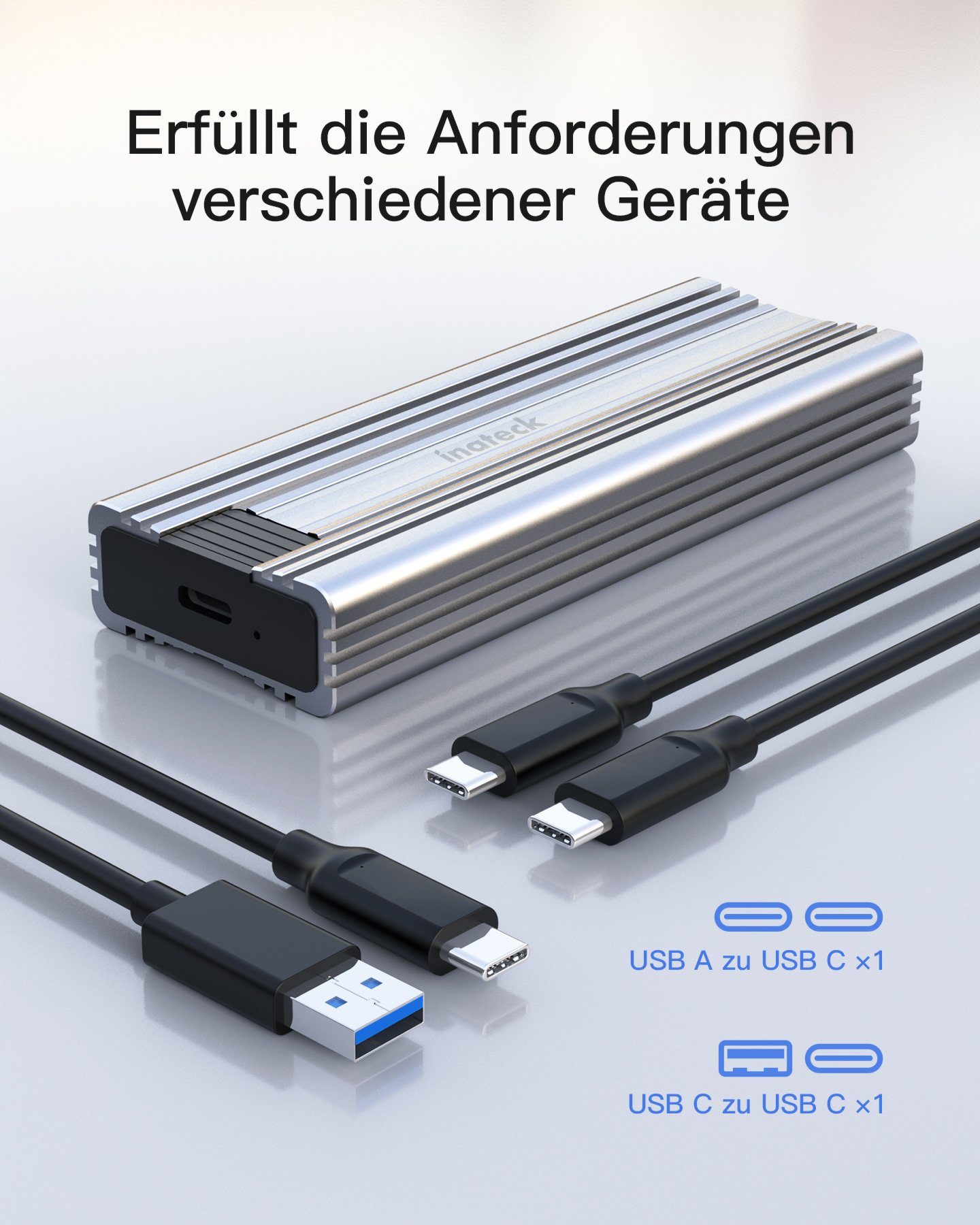 Inateck Festplatten-Gehäuse NVMe M.2 C C 10 Festplattengehäuse, USB Kabel C silber und zu Gbps, USB A zu mit