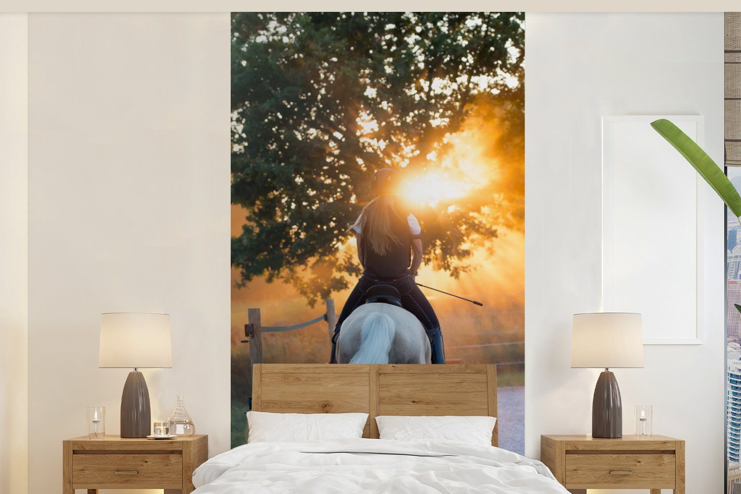 (2 Pferd MuchoWow - Wohnzimmer - Fototapete bedruckt, für Sand, Küche, Matt, Fototapete Schlafzimmer Vliestapete St), Sonne