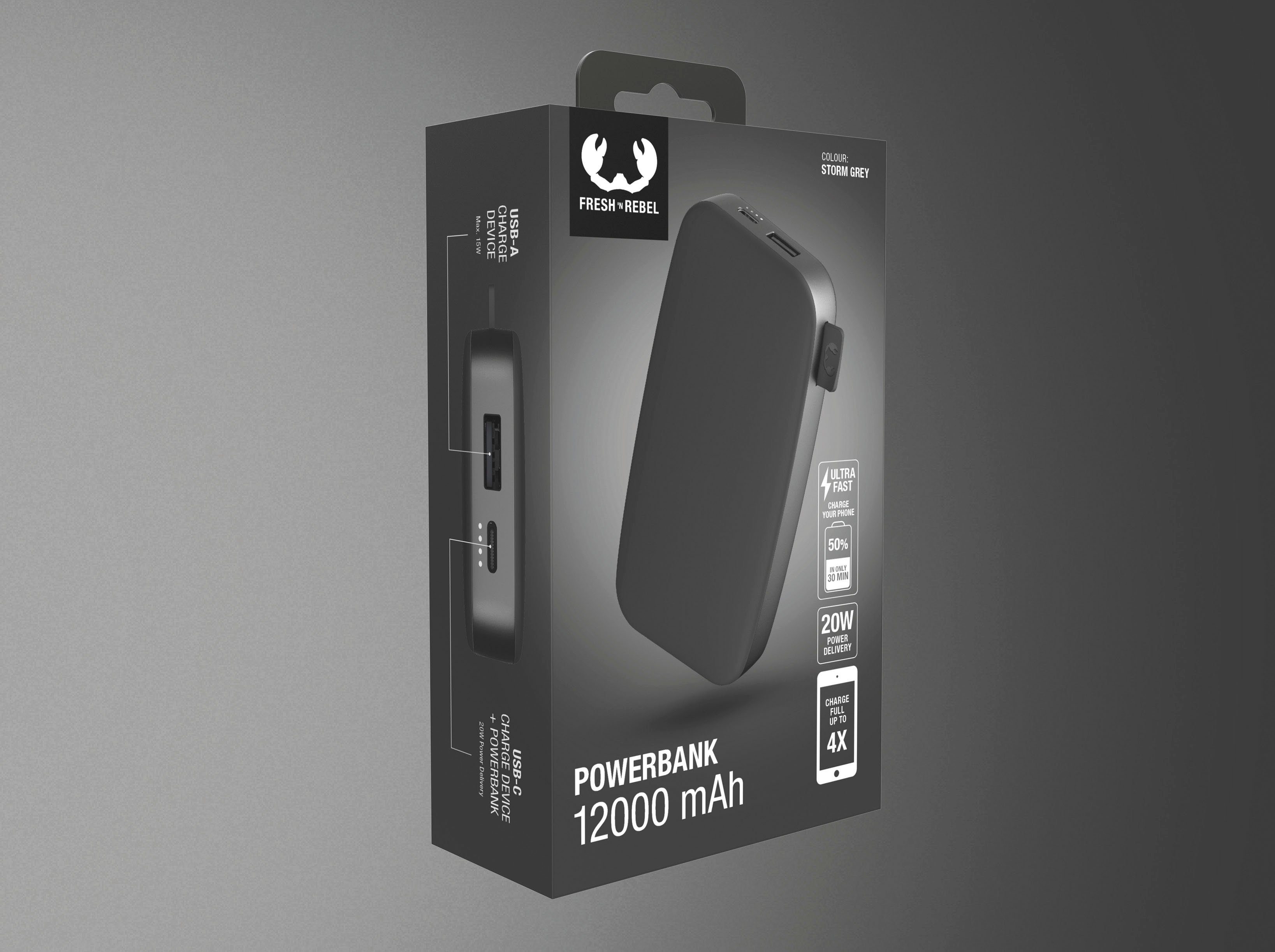 Fresh´n Rebel Power Pack 12000mAh 20W Charge PD USB-C, Powerbank grau Ultra Fast mit &