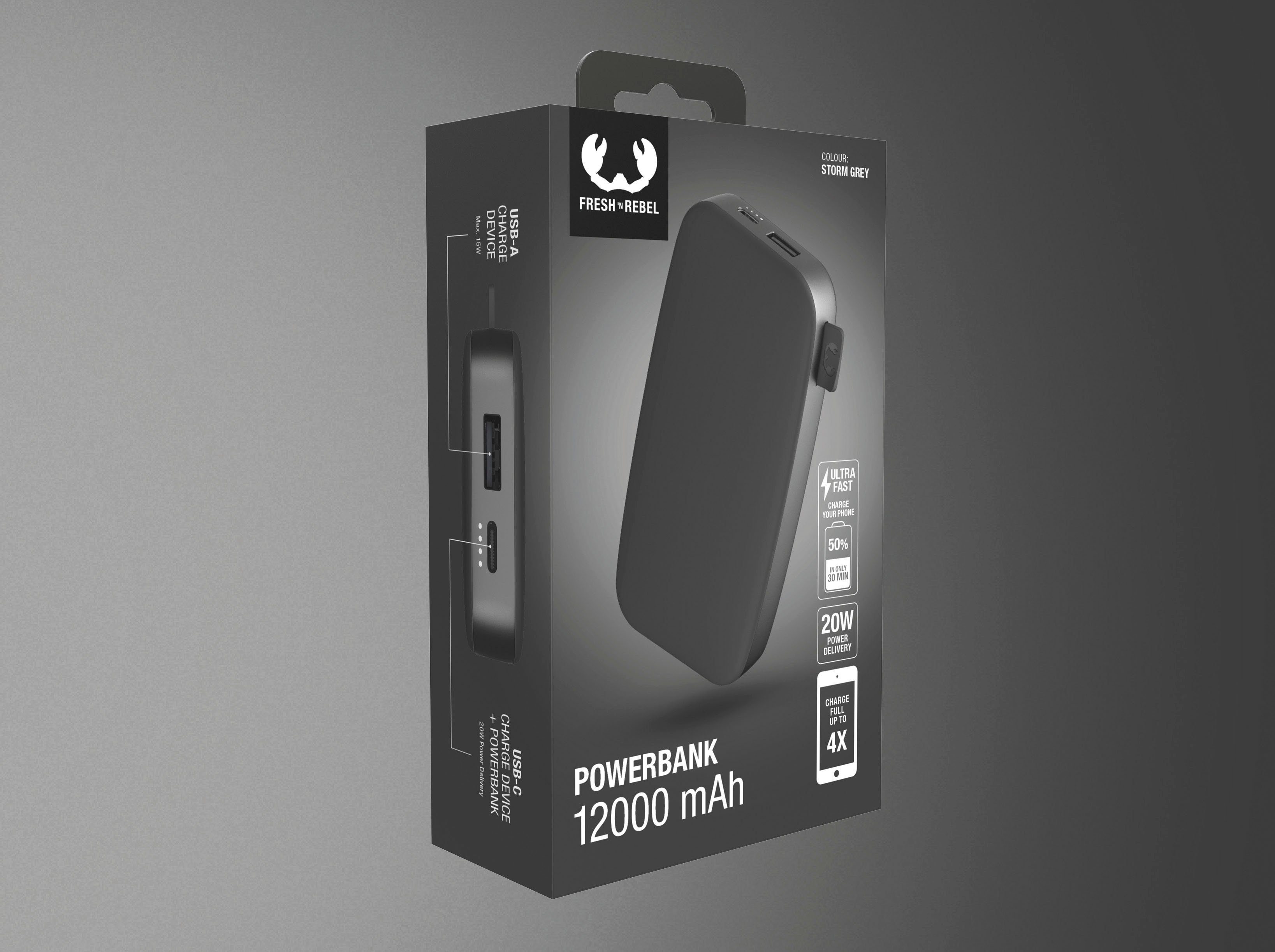 20W 12000mAh Fast Pack USB-C, PD & Rebel Fresh´n Ultra mit Powerbank grau Charge Power