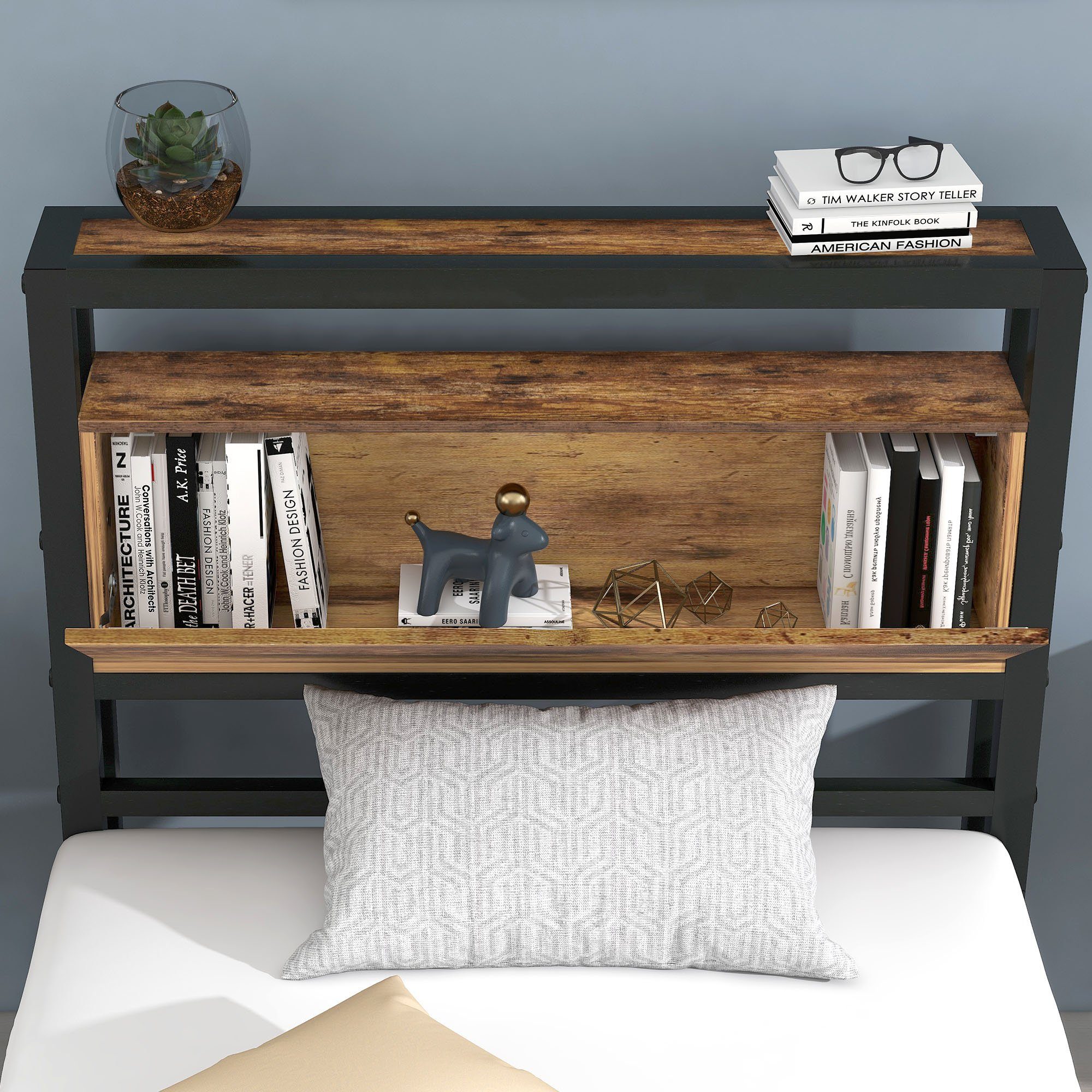 Metallbett (Jugendbett), Einzelbett 90 x 200 cm mit Stauraum-Kopfteil, Lattenrost aus Metall