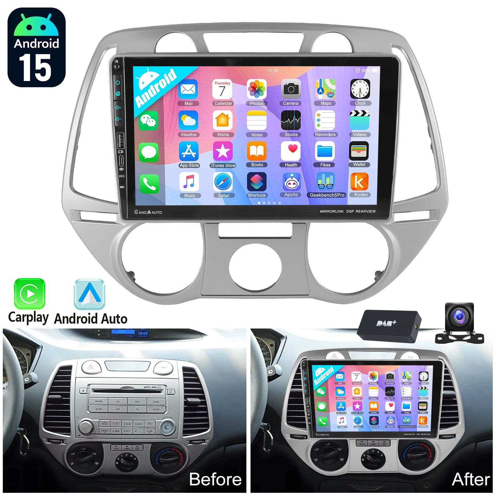 ESSGOO Android 15 Autoradio Apple CarPlay GPS Navi Für HYUNDAI i20 PB 2008-12 Autoradio (DAB (optional), DAB+ (optional), 4+64GB(optional), RDS, AM, FM, Carplay Android Auto Bluetooth EQ USB GPS Navi WIFI Touchscreen)