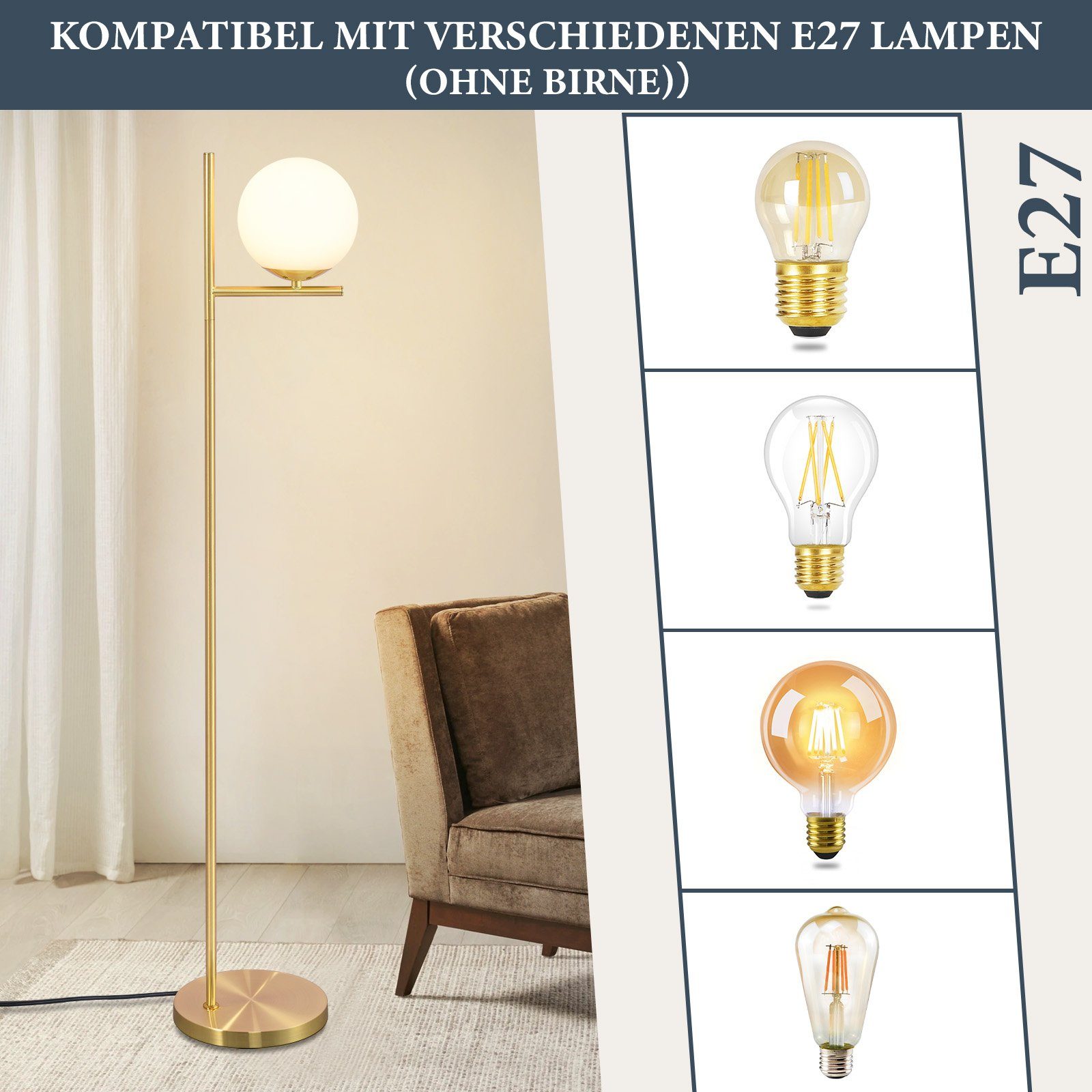 Nettlife Stehlampe Gold Stehleuchte 3 Flammig mit Fußschalter, mit Fußschalter, LED wechselbar, Wohnzimmer Schlafzimmer Büro Kinderzimmer