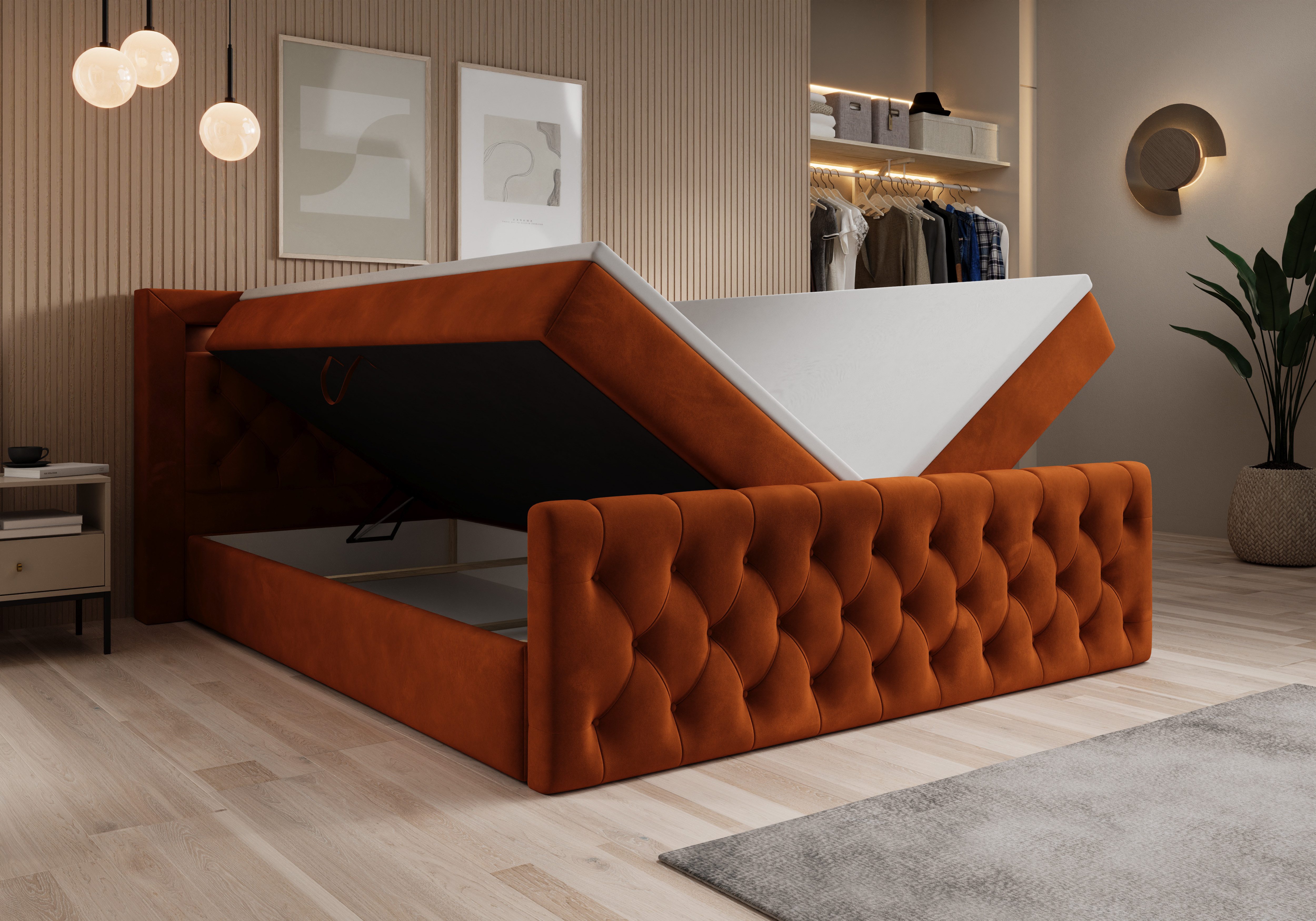 thematys Boxbett LED mit Bettkasten 140x200–200x200 cm – Velours oder Bouclé Bezug – (Polsterbett Bonnellfederkern Matratze H3 + Gratis 3cm Topper, Boxbett - Luxus Doppelbett mit Stauraum und LED)