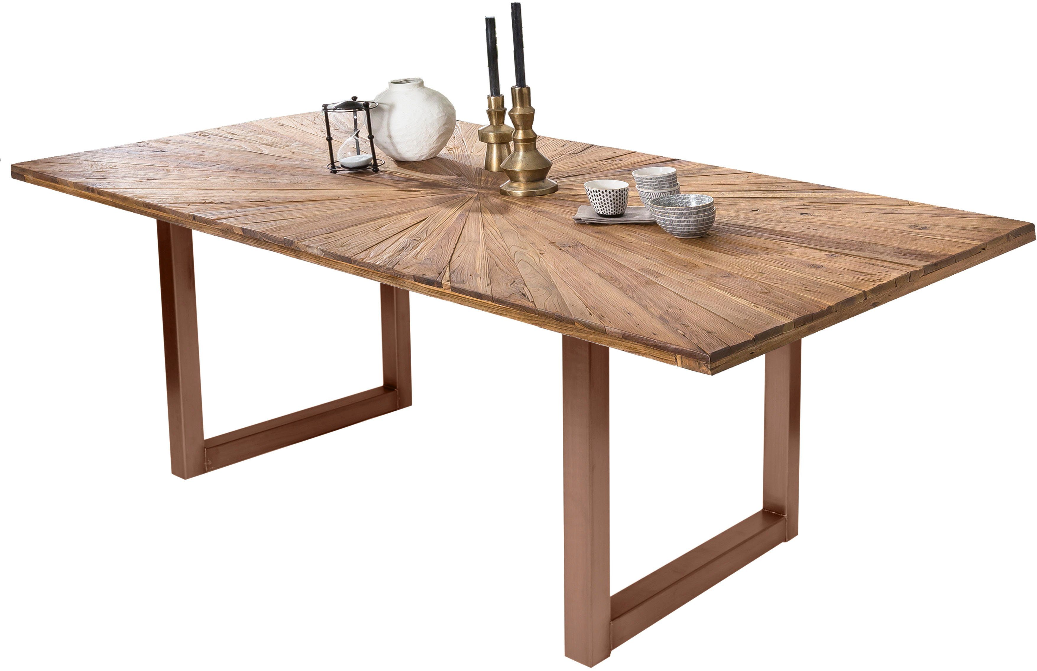 SIT Esstisch Adana aus recyceltem Teak mit Sonnenmuster & Kufengestell, 50 mm starke Teakplatte mit Sonnenmuster & stabilem Kufengestell