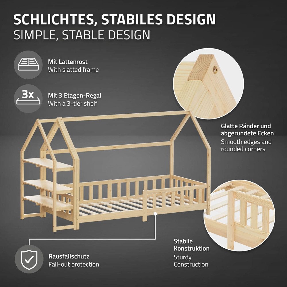 ML-DESIGN Spielbett Hausbett Kinderbett inkl. Lattenrost und Regal Bodenbett für Kinder, Abenteuerbett ohne Matratze 90x200cm Holzbett Natur Kiefer Bettgestell