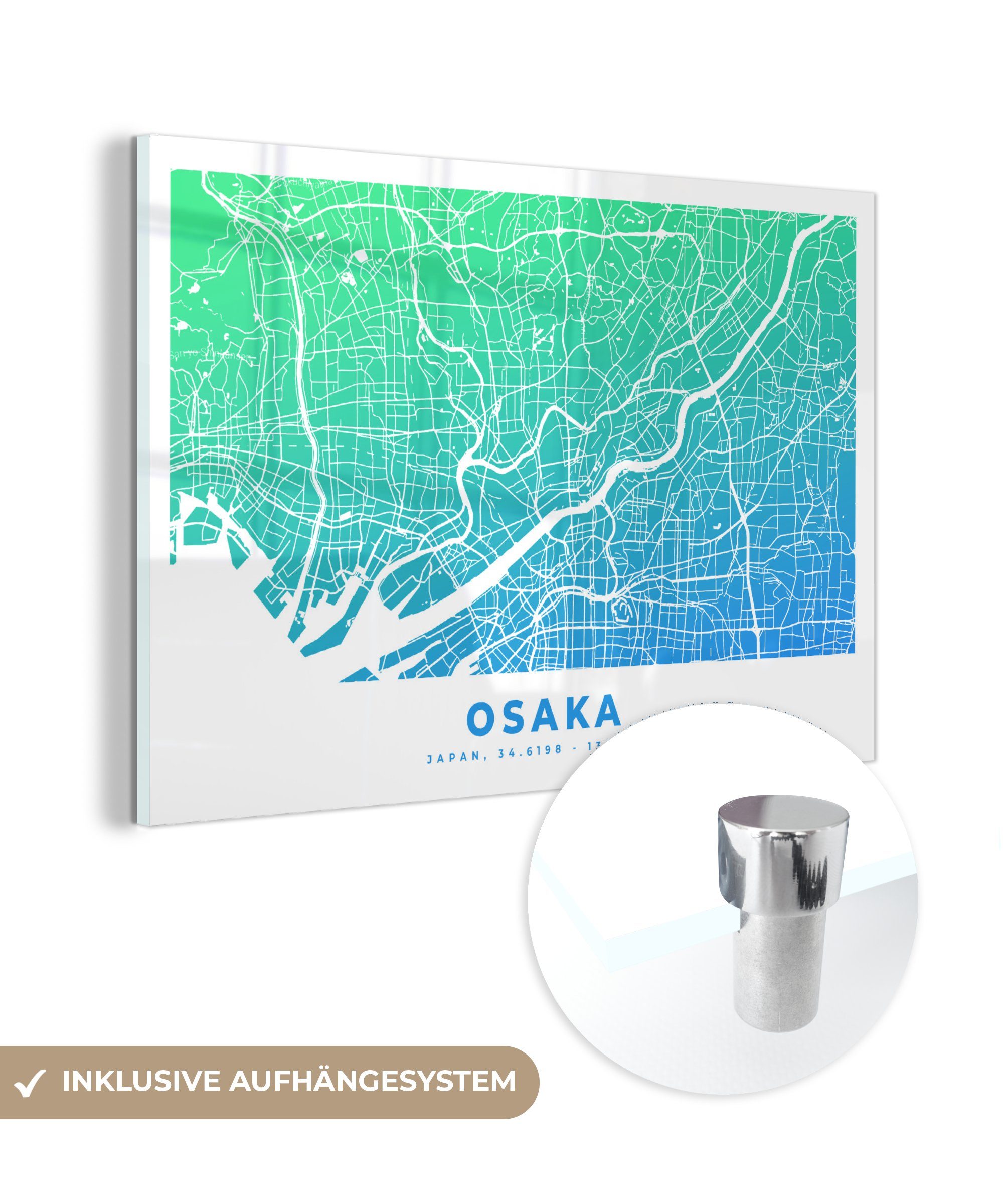 MuchoWow Acrylglasbild Osaka - Japan - Stadtplan, (1 St), Acrylglasbilder Wohnzimmer & Schlafzimmer