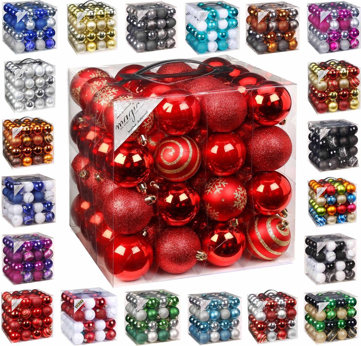 JACK Christbaumschmuck 64x Kunststoff Christbaumkugeln Ø 6cm Baum Kugeln inkl. Aufhänger, Mit praktischer Aufbewahrungsbox, Optik: matt / glänzend / glitzernd