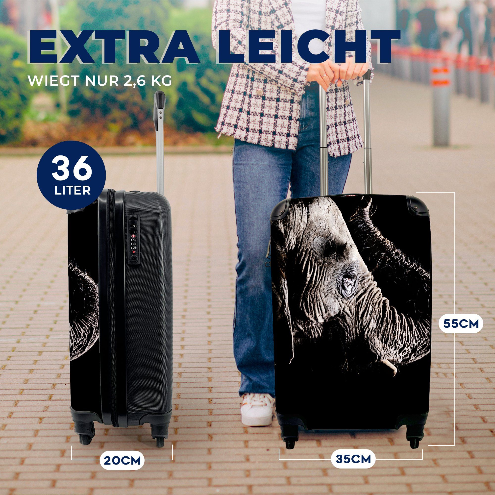 Reisekoffer Reisetasche 4 Handgepäck Tiere Natur, für - Elefant Ferien, - rollen, MuchoWow Trolley, Rollen, mit Handgepäckkoffer Schwarz -