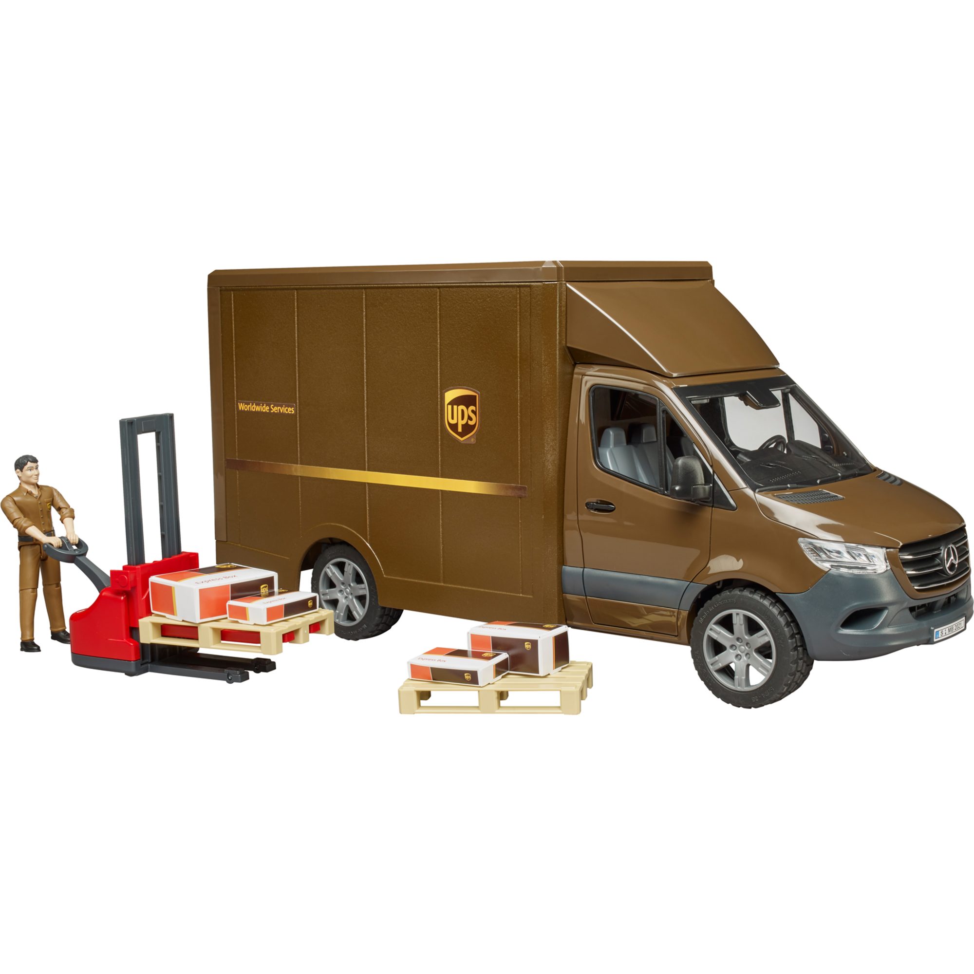 Bruder® Spielzeug-Baumaschine bruder MB Sprinter UPS mit Fahrer und Zubehör, Modellfahrzeug