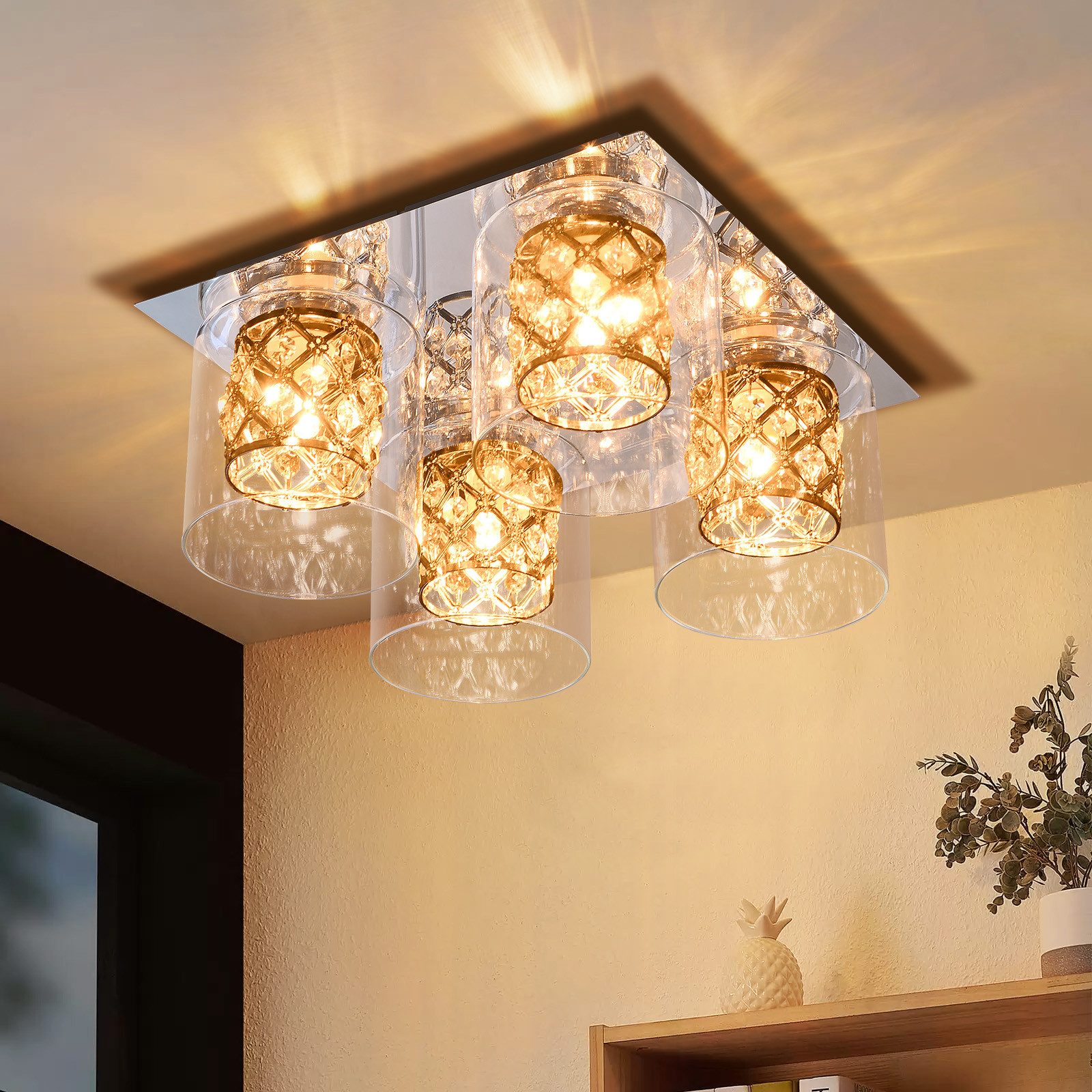 ZMH Deckenleuchte Wohnzimmer 4 Flammig zilver Deckenlampe Glas Kristall G9 Küche, Hochwertige Design, ohne Leuchtmittel, Retro Lampenschirm Design Flurlampe Schlafzimmerlampe Eingang
