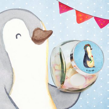Mr. & Mrs. Panda Vorratsglas L 870ml Pinguin Blumen - Eisblau - Geschenk, Süßigkeitendose, Blumenk, Premium Glas, (1-tlg), Vielseitig einsetzbar