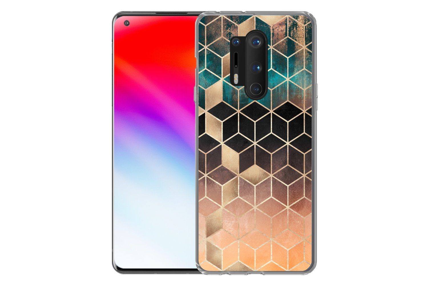 MuchoWow Handyhülle für OnePlus 8 Pro Abstrakt - Würfel - Gold - Muster - Luxus, Phone Case, Silikon, Schutzhülle Dünn
