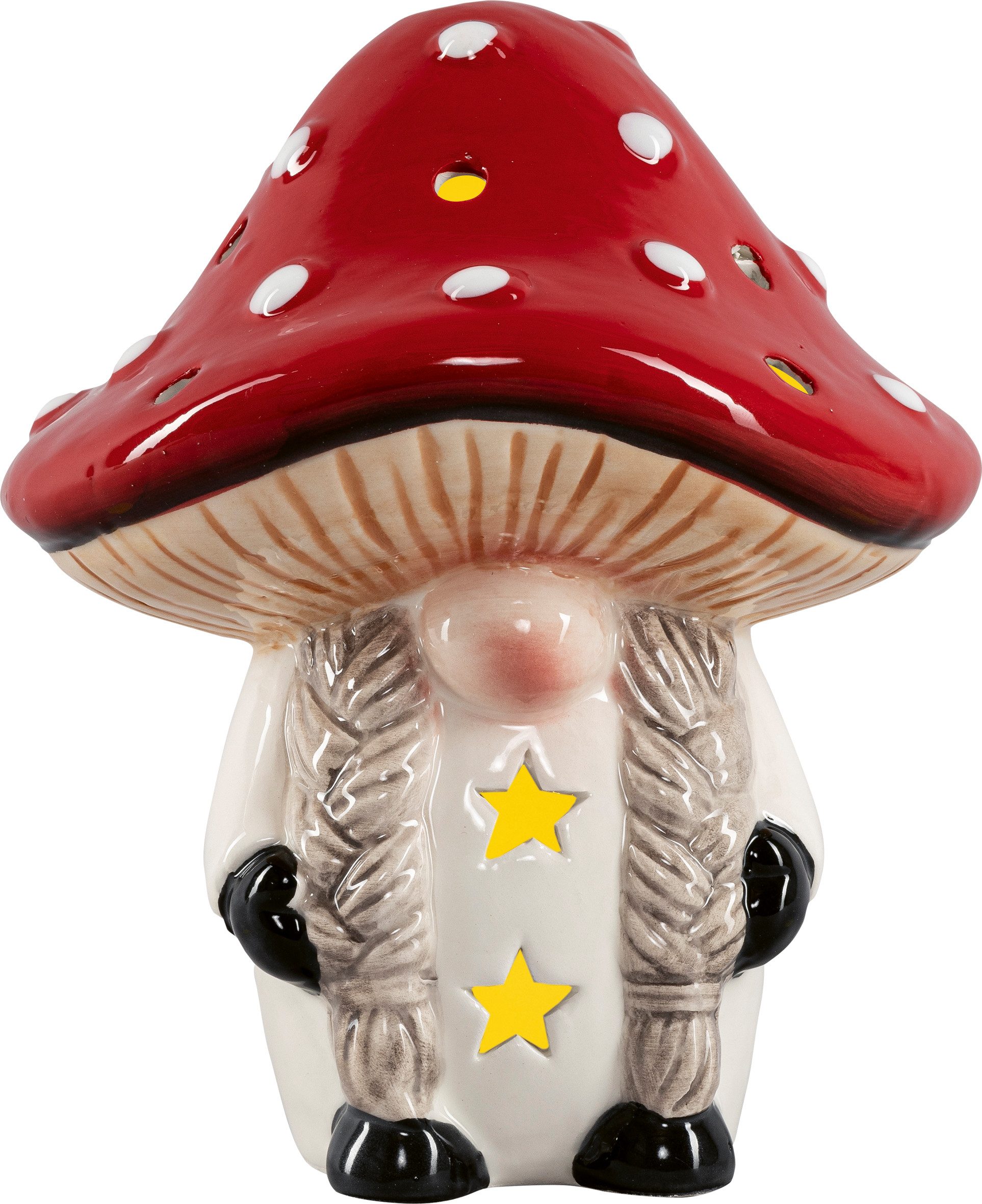 HGD Dekofigur Keramik-Wichtel mit Zöpfen - mit LED-Beleuchtung - batteriebetrieben, stimmungsvolle Lichtfigur für die Winterzeit - für Dekofans