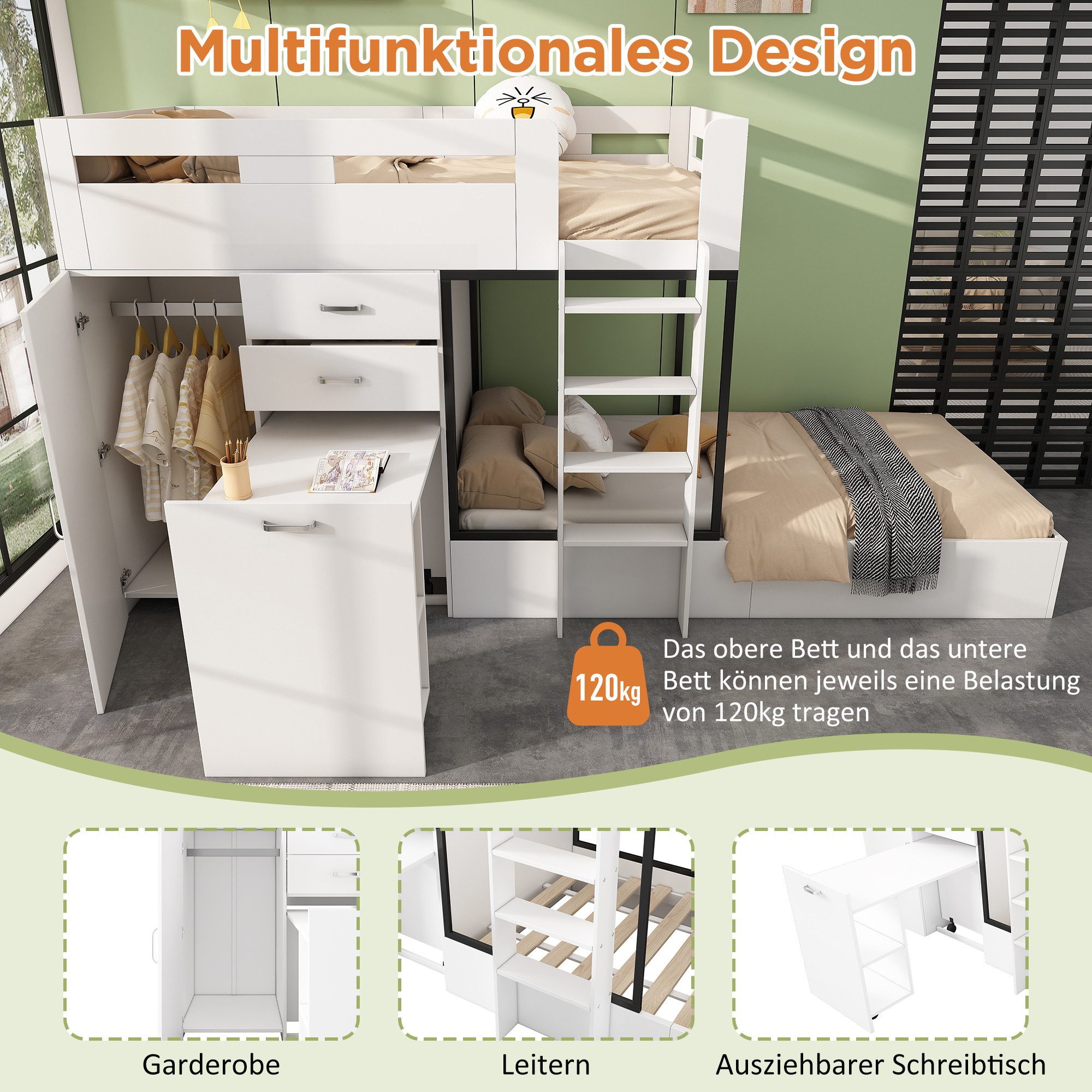 Flieks Etagenbett, Kinderbett 90x200cm mit ausziehbarem Tisch, Garderobe, großem Stauraum