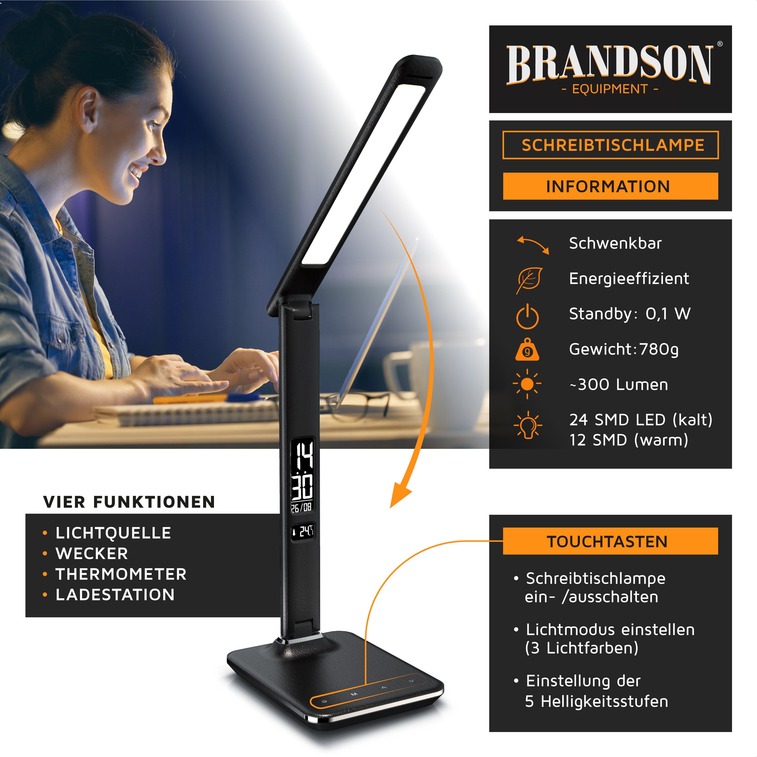 Brandson Schreibtischlampe Lederoptik LED Tischlampe dimmbar, Temperatur, Alarm, Kalenderfunktion, Tageslicht, 3 Lichtfarben, 5 Helligkeitsstufen, USB Lade Anschluss