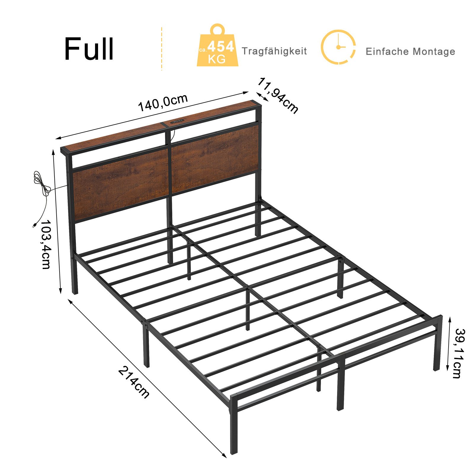 FABATO Bettgestell Metallbettgestell mit Kopfteil, LED-Beleuchtung & Ladestation (1-tlg), 140×200cm, schwarz+braun