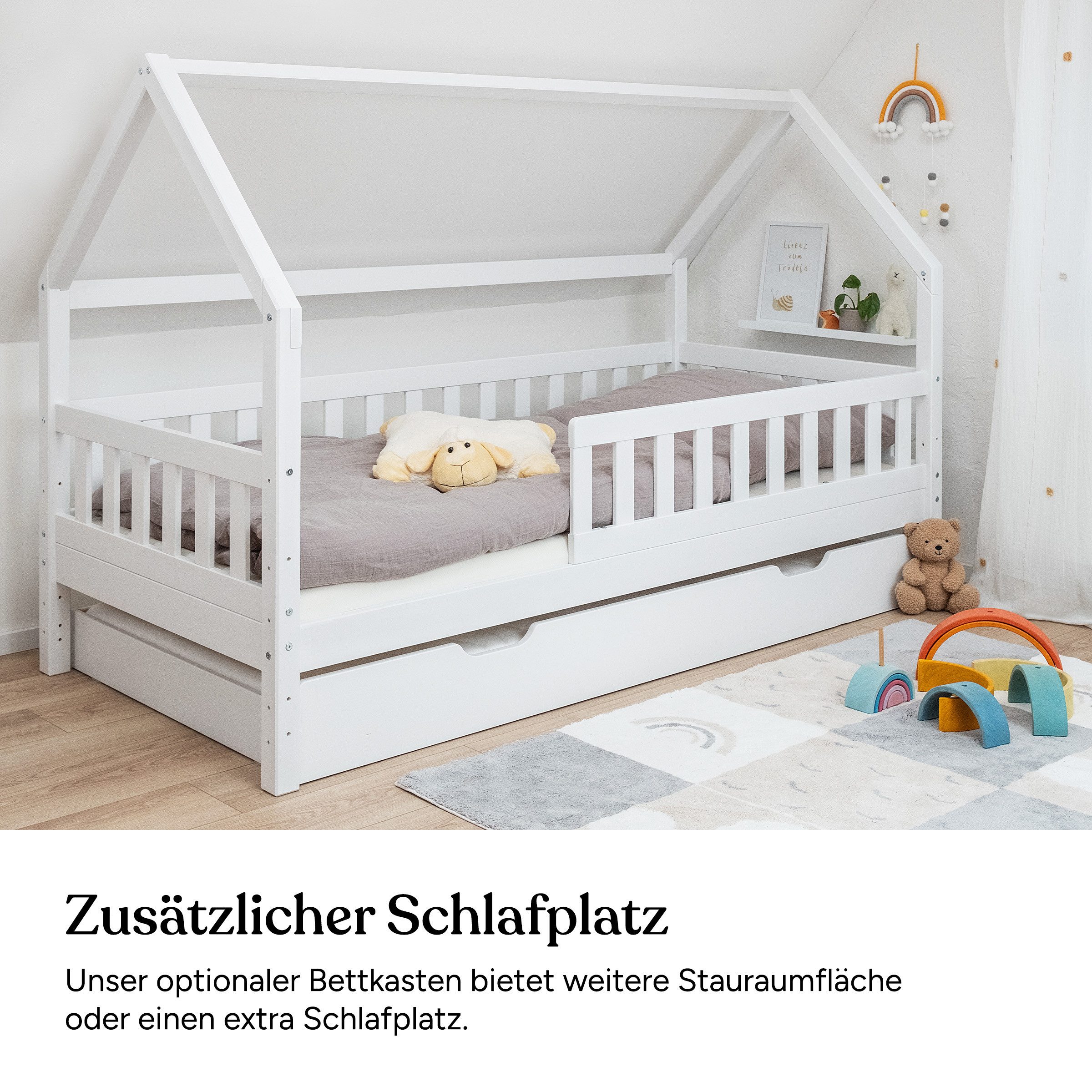 Ehrenkind Hausbett Lille aus massivem Kiefernholz inkl. Rausfallschutz und Rollrost (80x160 Weiß, Hausbett mit optionalem Stauraum), 2 in 1 Aufbau bodentief ode – Bild 4 von 5