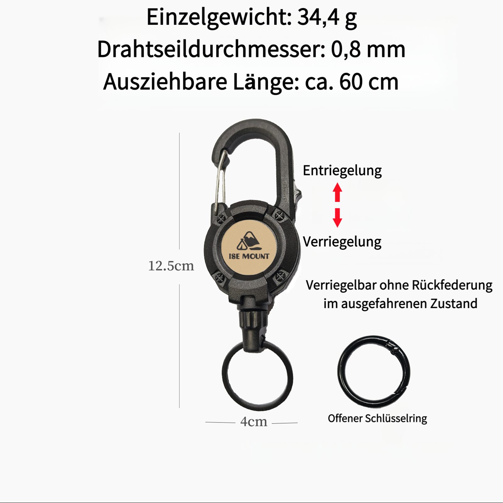 Jumpeak Schlüsselanhänger Schlüsselanhänger,schlüsselanhänger ausziehbar,Stahldraht,0.8mm,34.4g, Maximale Auszugslänge: 60 cm,Verriegelungsvorrichtung,4 Farben