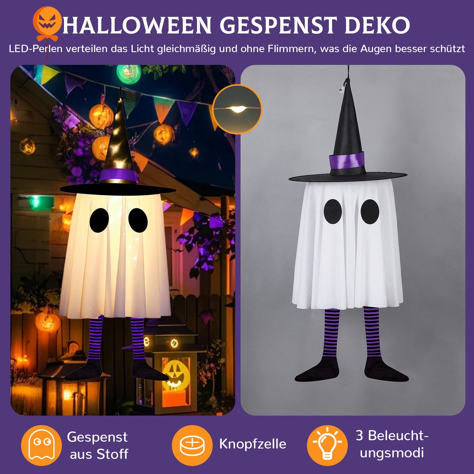 Jibenhome LED-Lichterkette Geister-Hexenhut 6cm Halloween-Deko mit 3 Blinkmodi Batteriebetrieb, LED-Lichterkette für Garten,Terrasse,Innen & Außen
