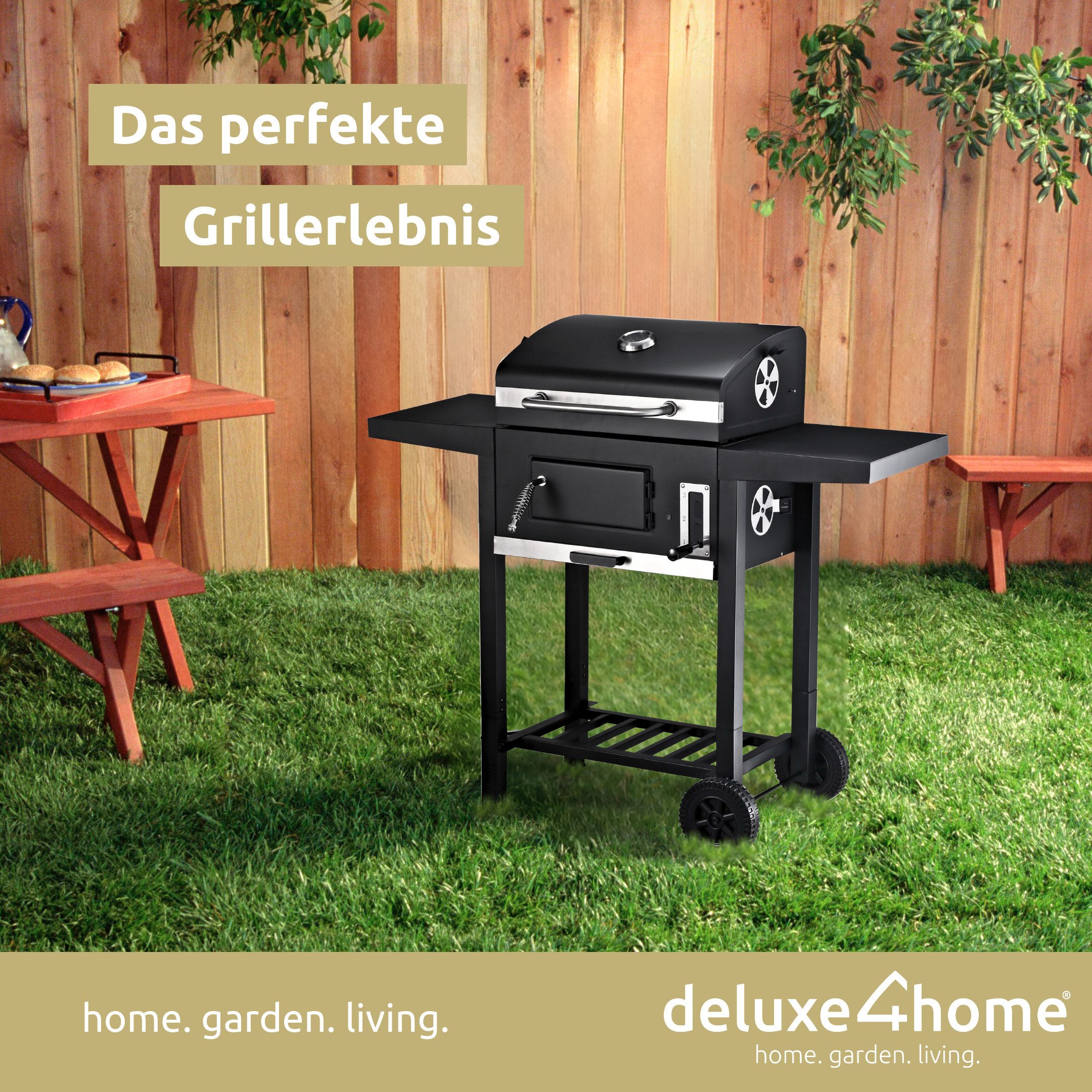deluxe4home Holzkohlegrill Grillwagen XXL mit Deckel I Grill Rollbar mit Seitenablage I Rollgrill, inkl. Grillhandschuh