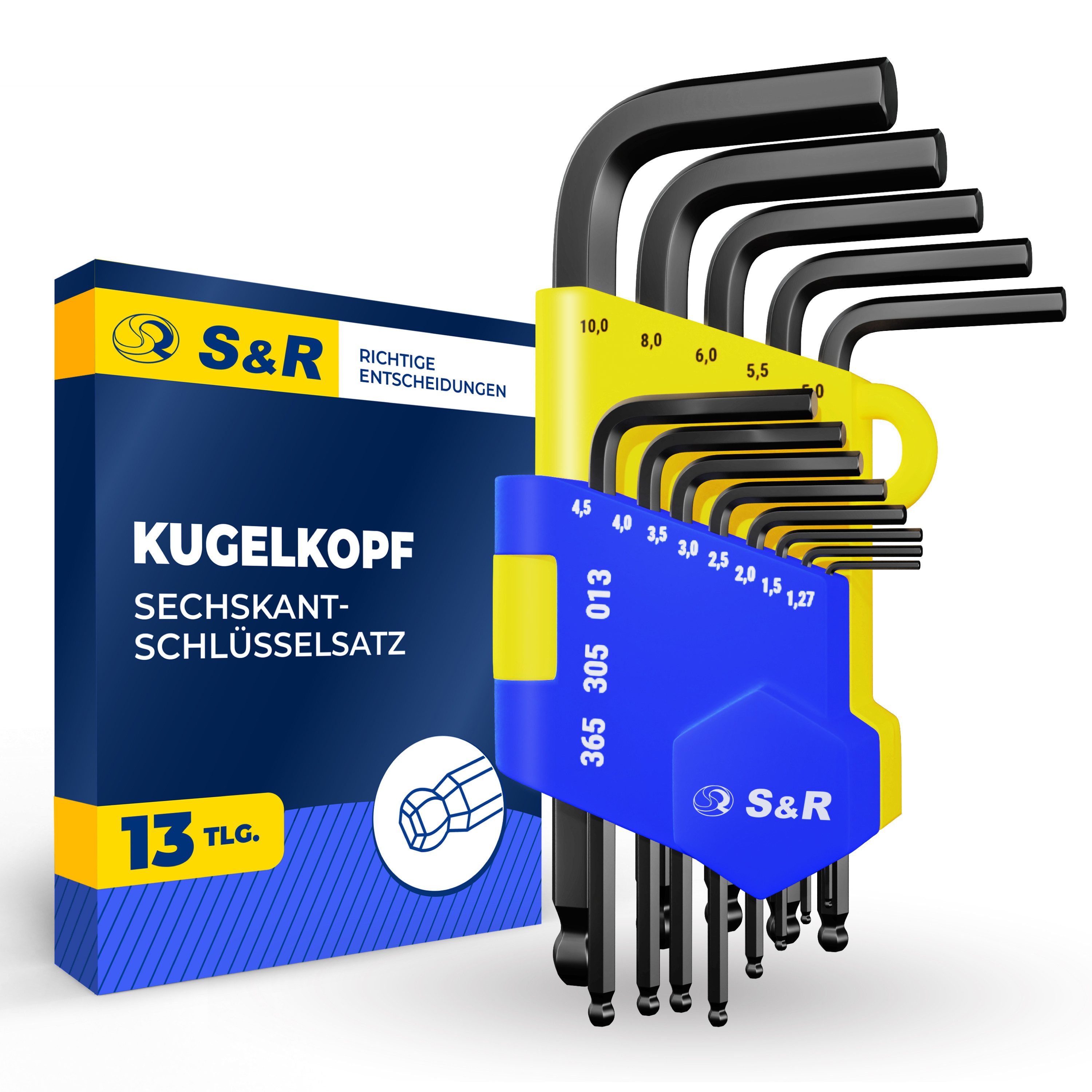 S&R Winkelschlüssel Innensechskantschlüssel mit Kugelkopf, Cr-V Stahl gehärtet, kurz, (Set, 13-tlg, 1,27 bis 10 mm), Sechskantschlüssel im Halter ideales kompaktes Fahrrad Werkzeug Set