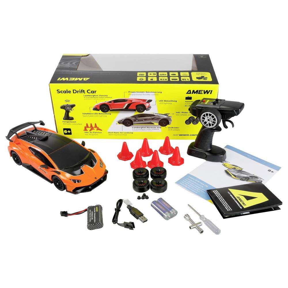 Amewi RC-Auto Lamborghini Huracan STO Drift Car Orange Brushed 1:18 RC Modellauto, inkl. Akku und Ladekabel, inkl. Batterien, Spar-Set