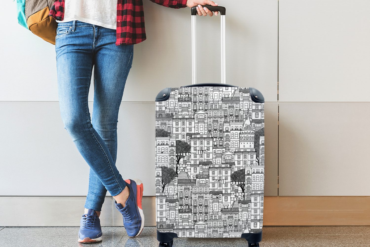 Handgepäckkoffer rollen, - Reisetasche Rollen, MuchoWow für Trolley, 4 Ferien, Muster Reisekoffer Häuser mit - Städte, Handgepäck