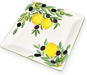 Lashuma Servierplatte Zitrone Olive, Keramik, (1-tlg., 27 x 27 cm), Quadratischer Obstteller mit Zitronen Oliven Design
