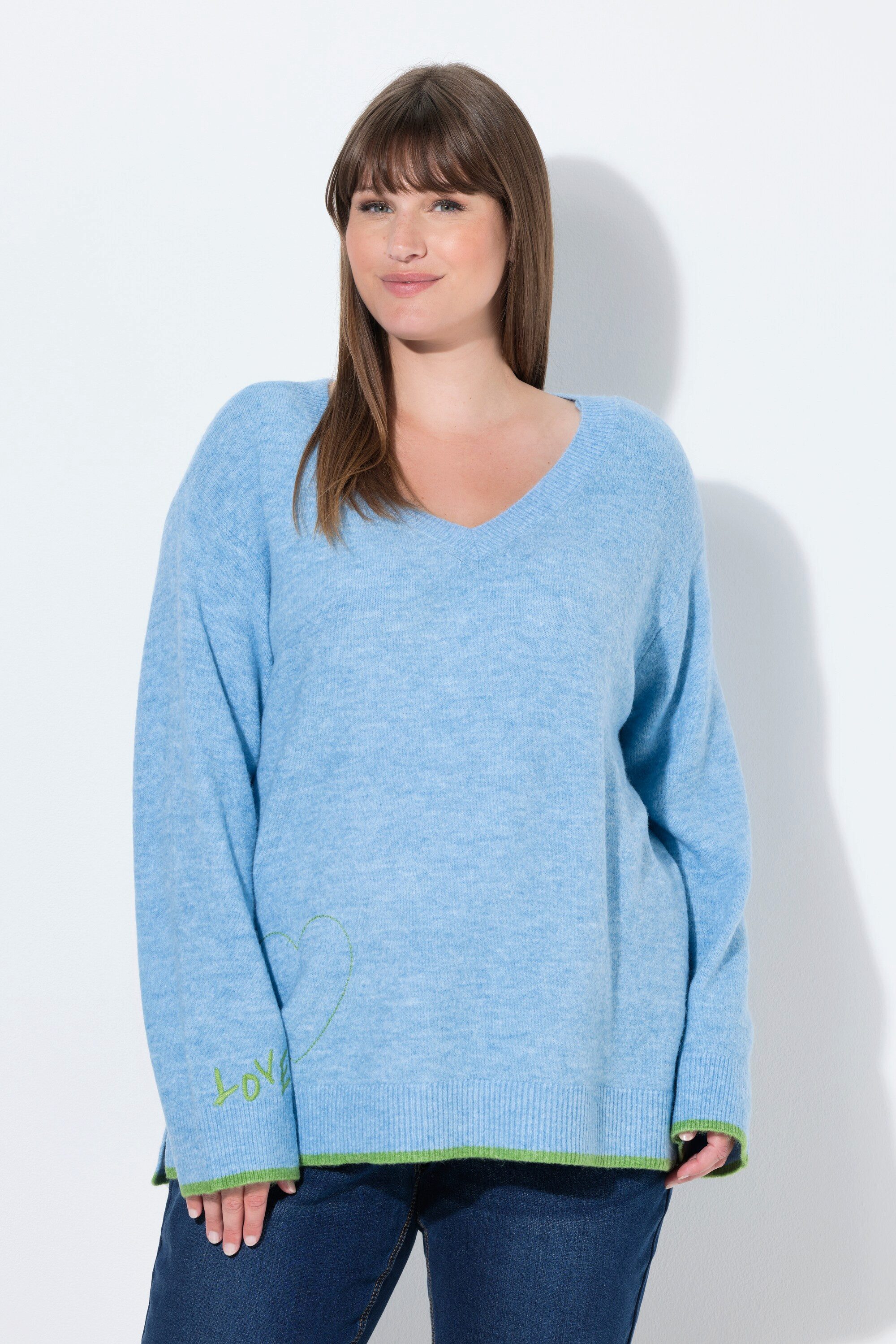 Strickpullover Pullover Herzstickerei V-Ausschnitt Langarm