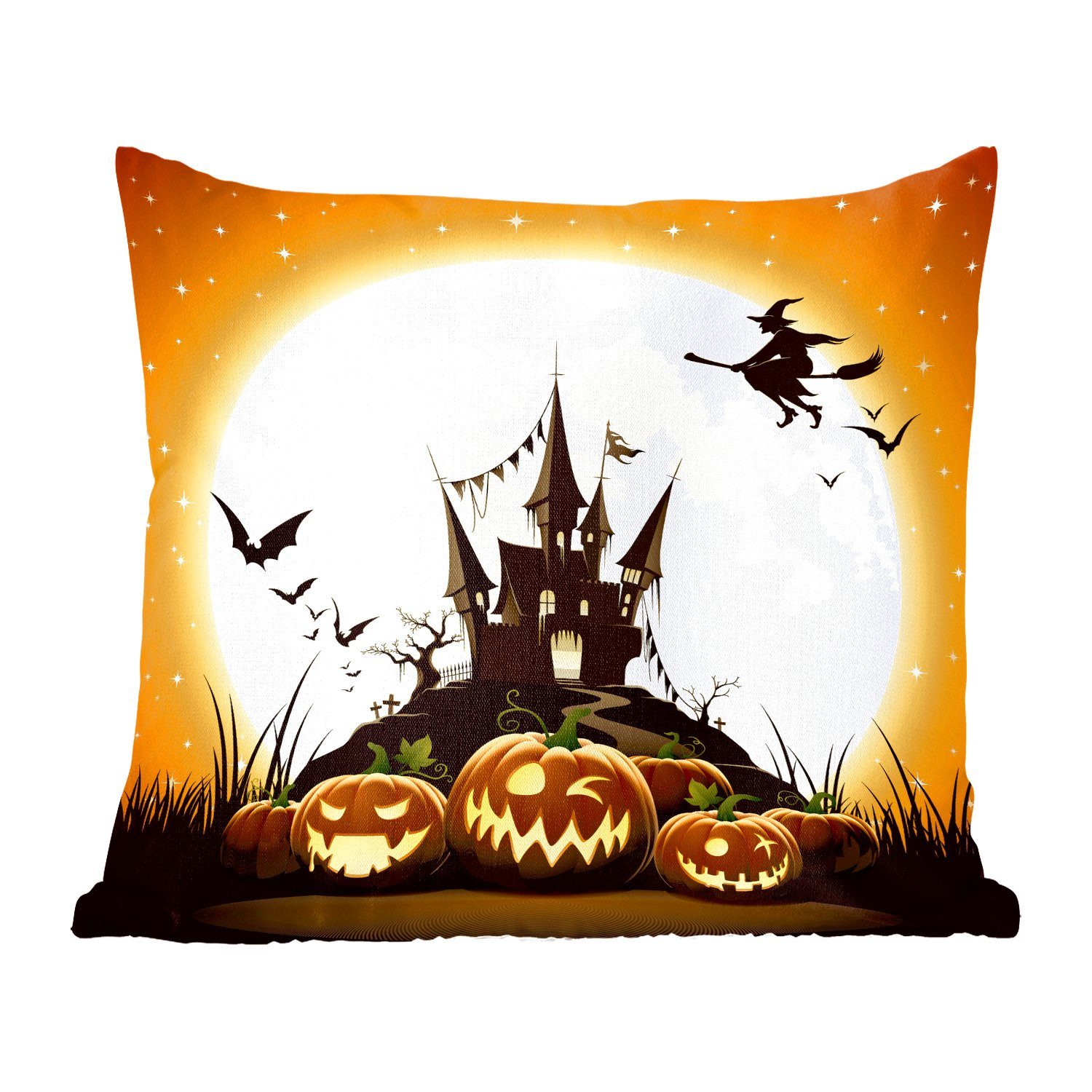 MuchoWow Dekokissen Eine Illustration einer Hexe, die zu Halloween über ein Schloss fliegt, Zierkissen mit Füllung für Wohzimmer, Schlafzimmer, Deko, Sofakissen