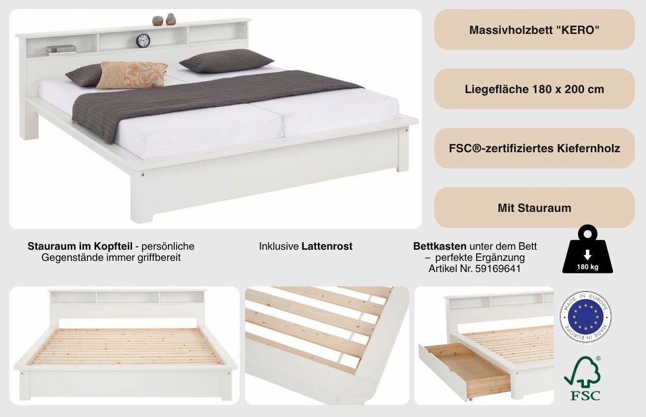 OTTO home Massivholzbett "KERO"Stauraum im Kopfteil, zertifiziertes Massivholz (Kiefer), optional mit Schublade