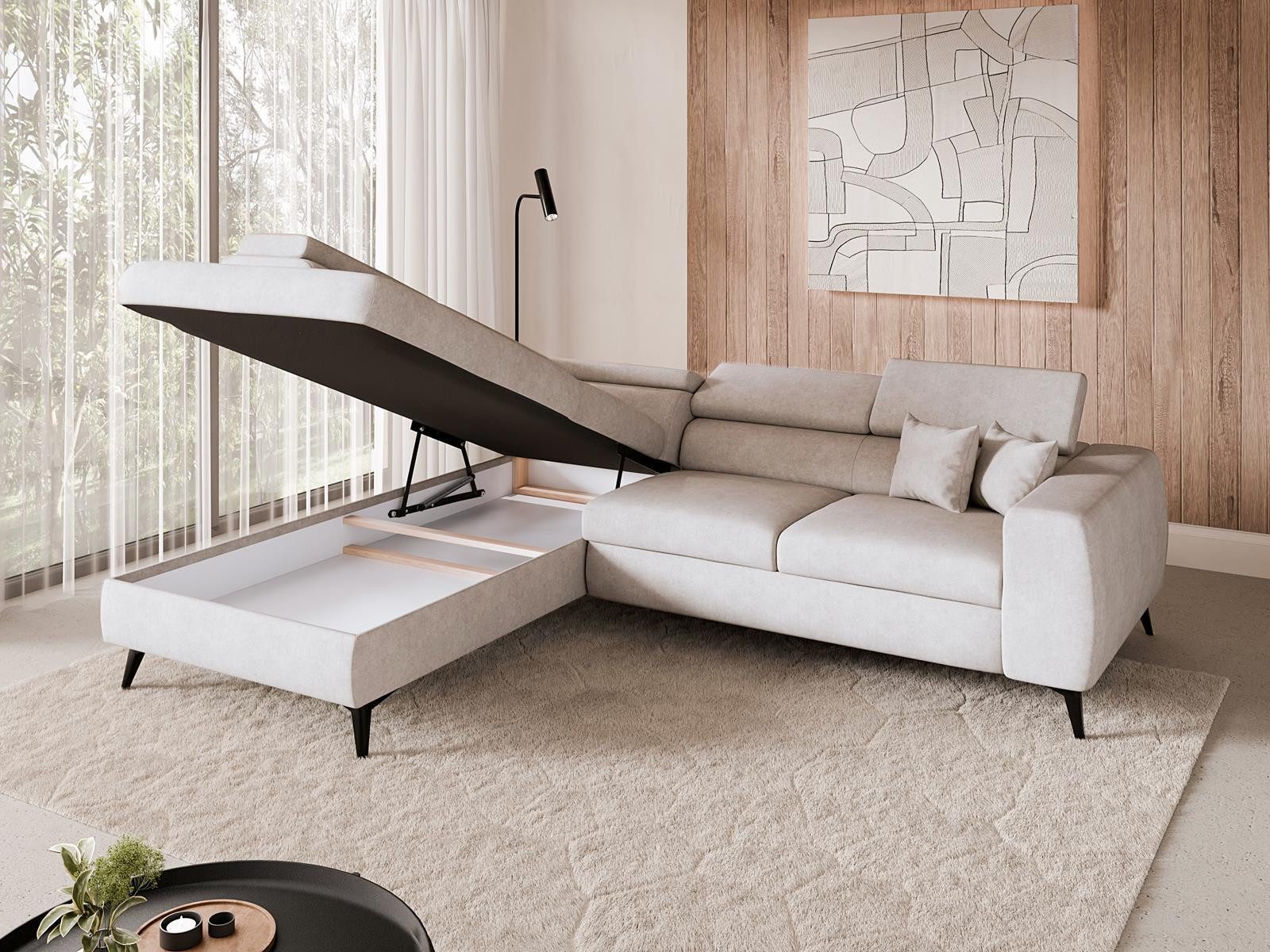 Compleo Ecksofa Einstellbare Kopfstützen, Schlaffunktion, Samtstoff, Breite: 270 cm, Schlafsofa, L-förmiges Sofa, MADE IN EU, Eckcouch