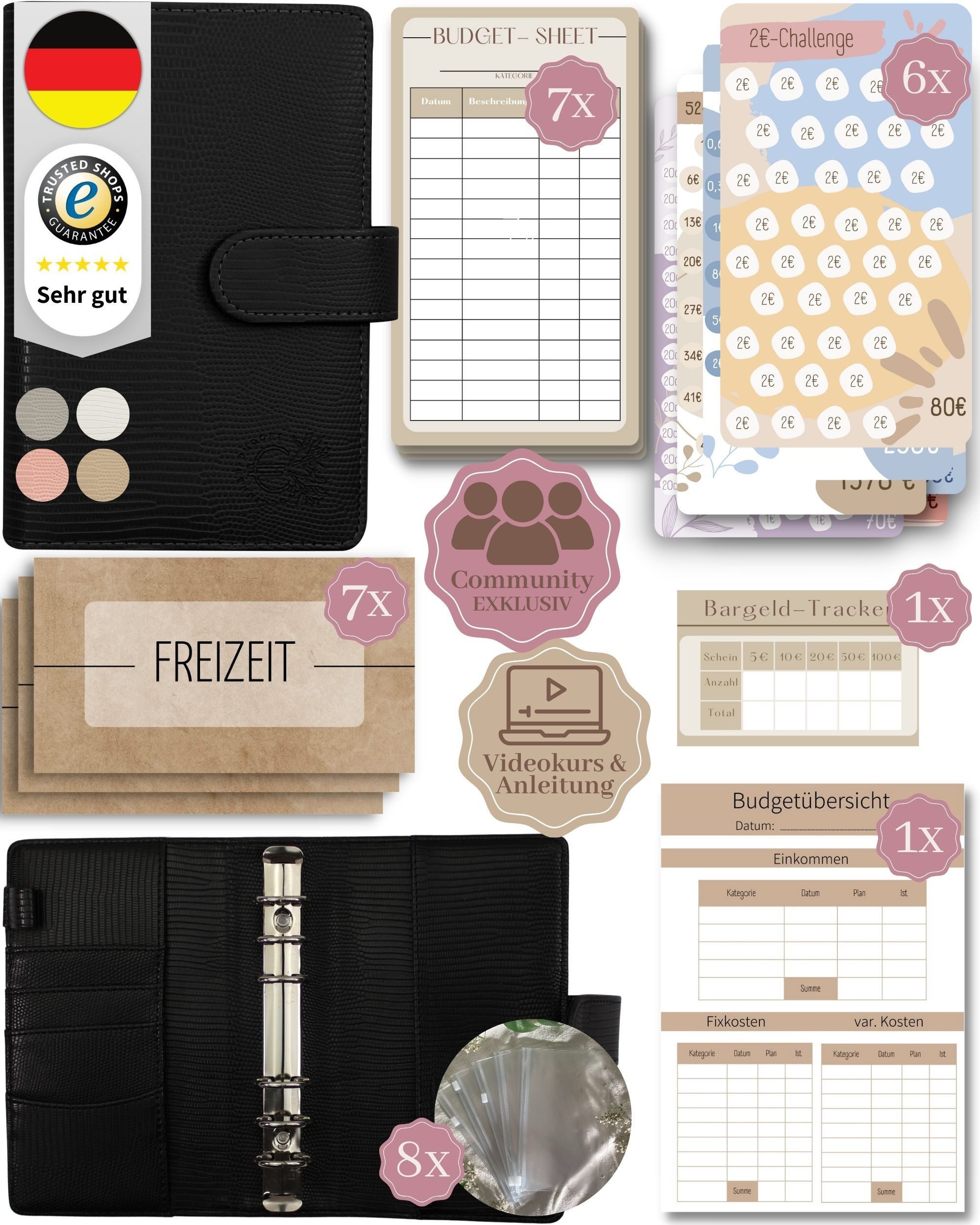 BeginnerBudget Ringbuchmappe Budgetplaner Starter-Set Sparbuch zum Geld Sparen + Spar-Challenges, Sparen mit Umschlagmethode + Anleitung - Ringbuch - Binder A6