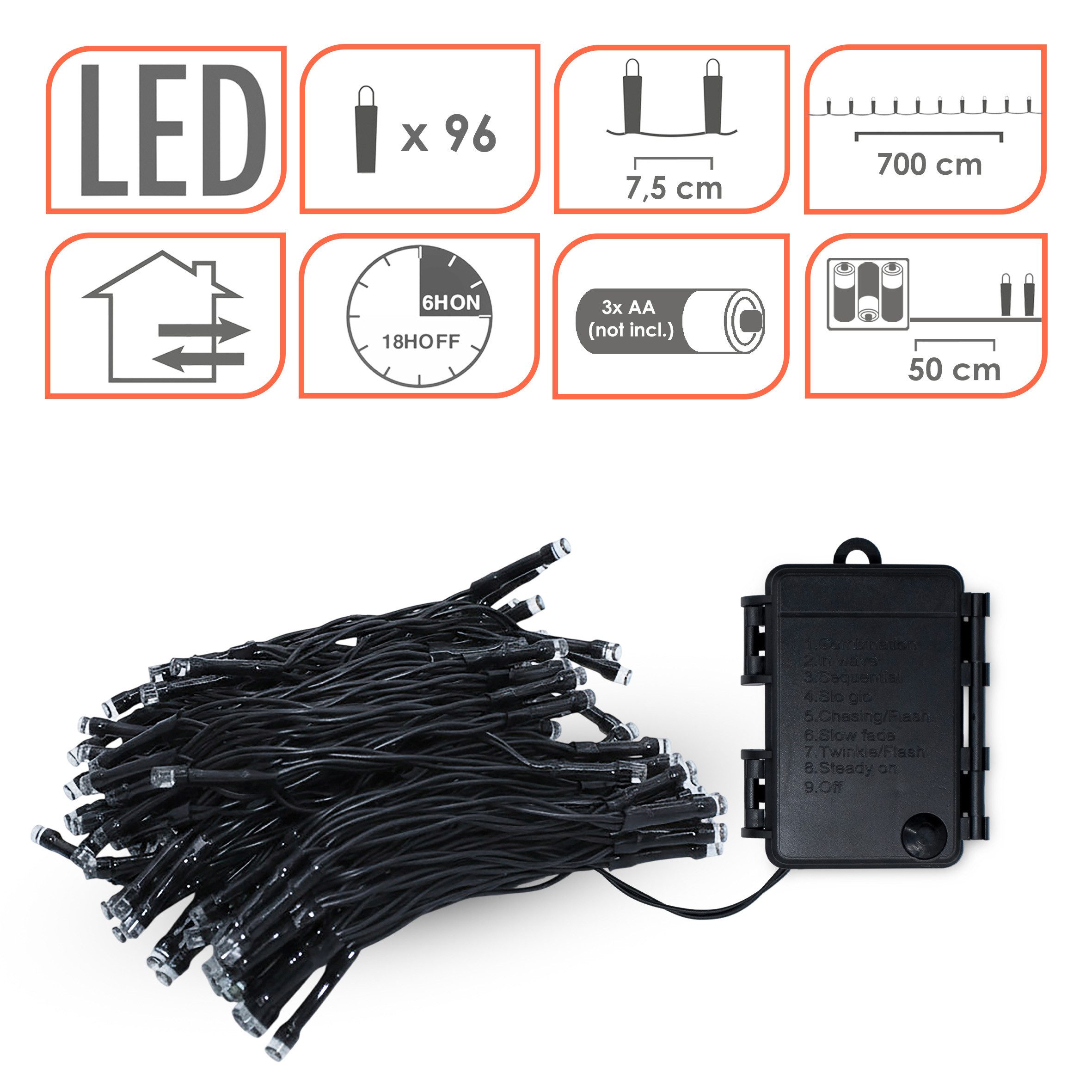 Spetebo LED-Lichterkette Außen Lichterkette kalt weiß mit Timer 96 LED, Garten Deko Beleuchtung mit 8 Funktionen - Batterie betrieben – Bild 3 von 5