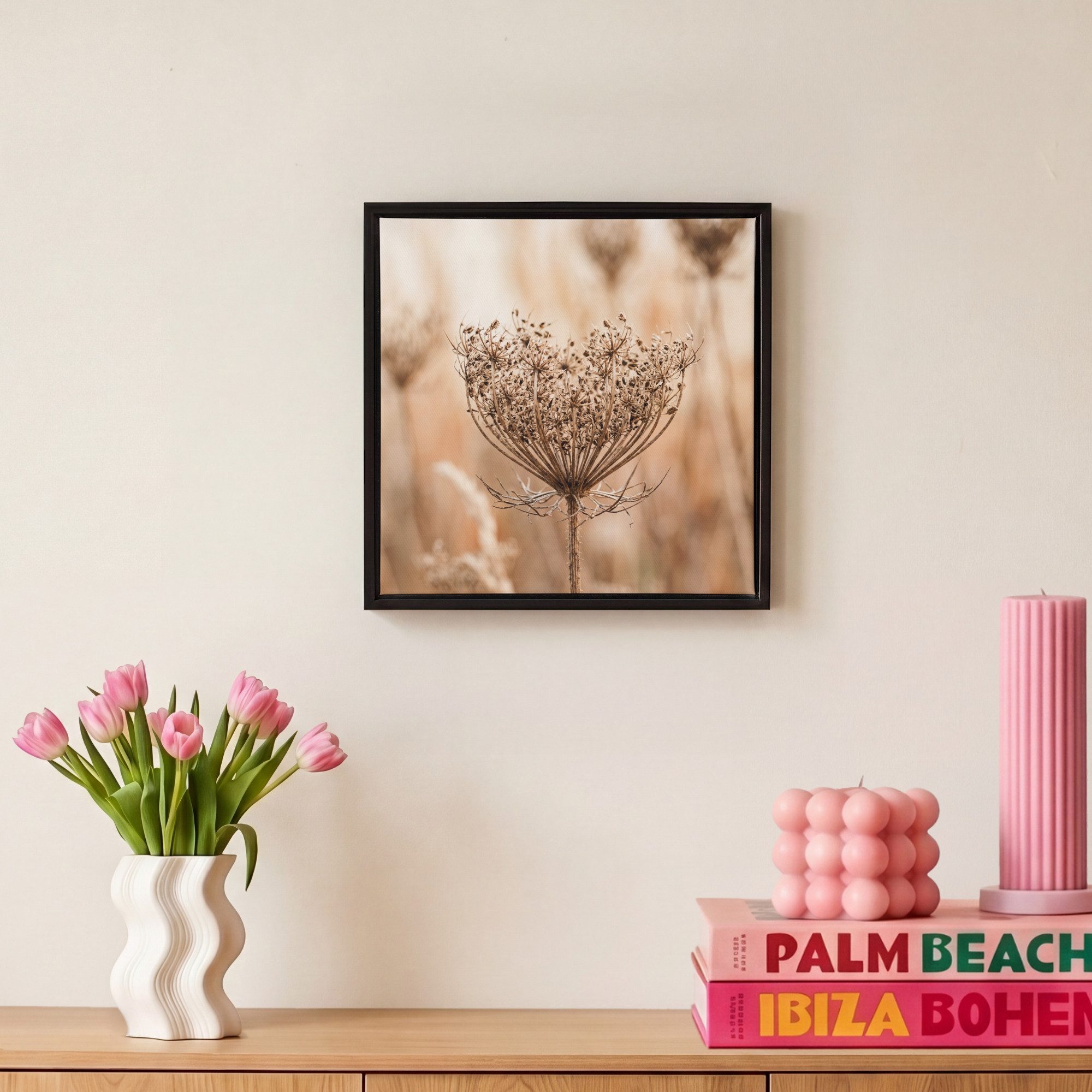 OneMillionCanvasses® Leinwandbild mit Rahmen - Bildschirm Blume - Trockene Blume - Winter - Beige - Mini, Fotodruck (1 St), Leinwand Bilder Klein, Wand Dekorati – Bild 4 von 5