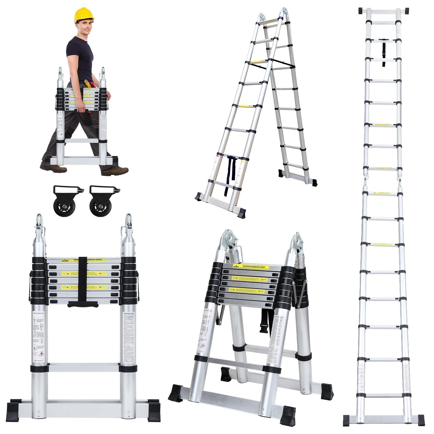 Lospitch Teleskopleiter Teleskopleiter Alu 2.5+2.5m mit Stabilisator Rädern Anlegeleiter