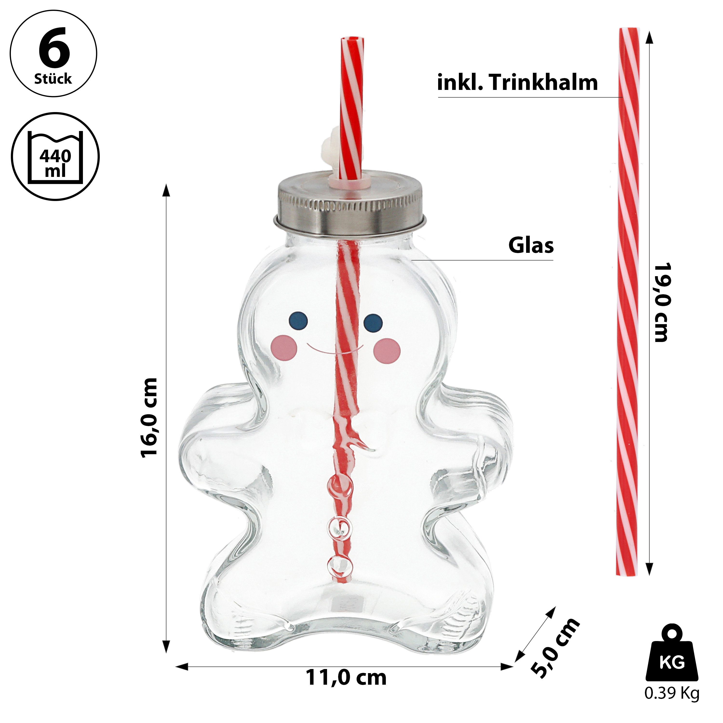 CEPEWA Deko-Glas Trinkglas Lebkuchenmann 6er Set Trinkhalm cm 440ml Motivgl günstig online kaufen