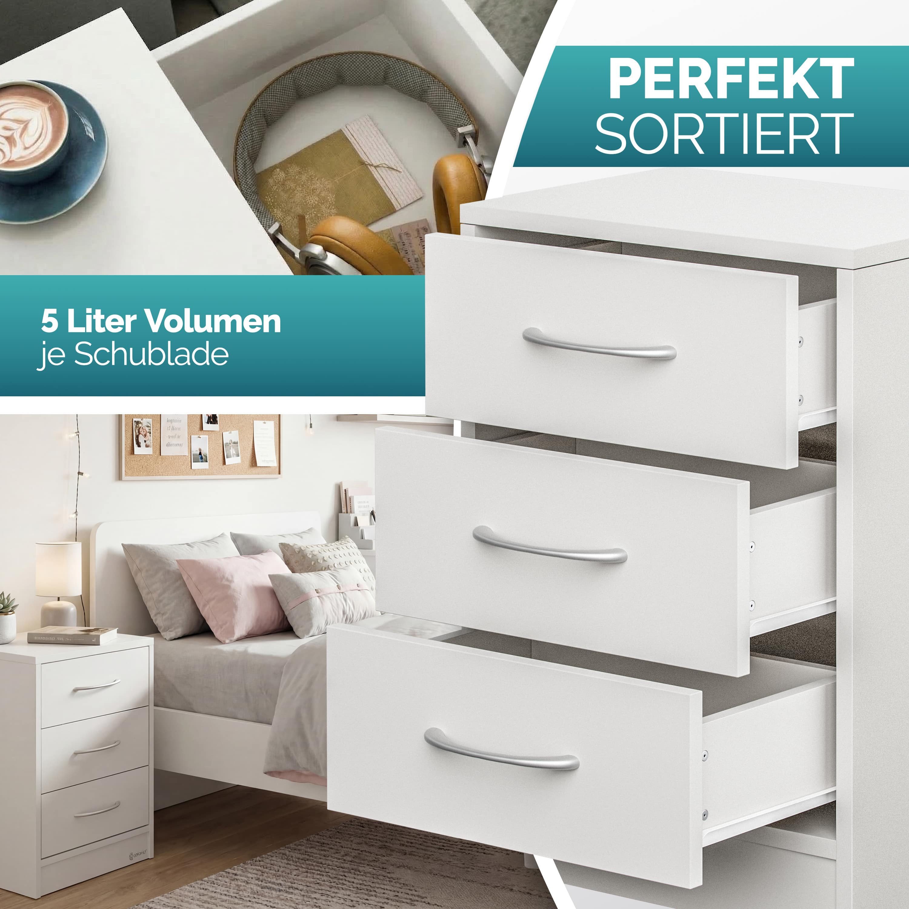 Casaria Nachttisch Eloise (1-St), mit 3 Schubladen Kabelführung Wandbefestigung Boxspringbett