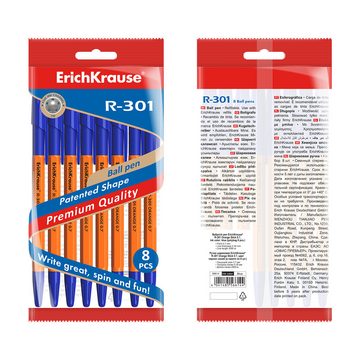 Erich Krause Kugelschreiber, Kugelschreiber R-301 Orange 0,35mm mit Gummigriff 8 Stück Blau