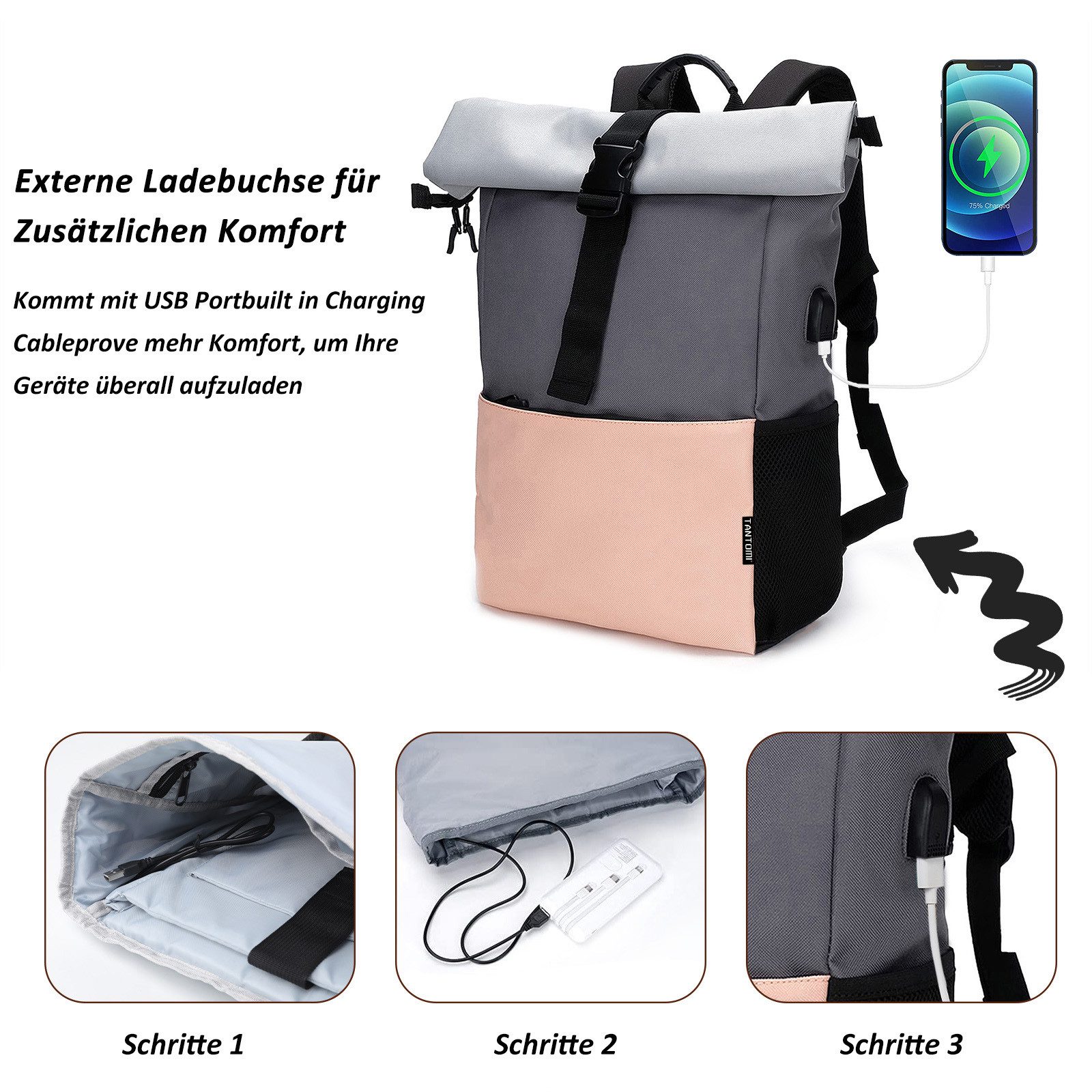 TAN.TOMI Cityrucksack Rucksack Damen Groß Rucksack Herren Groß Schulrucksack (Arbeitsrucksack viele Fächer mit 15,6" Laptopfach/USB-Anschluss), Unisex Rolltop Rucksack Wasserdicht, Lässiger Backpack