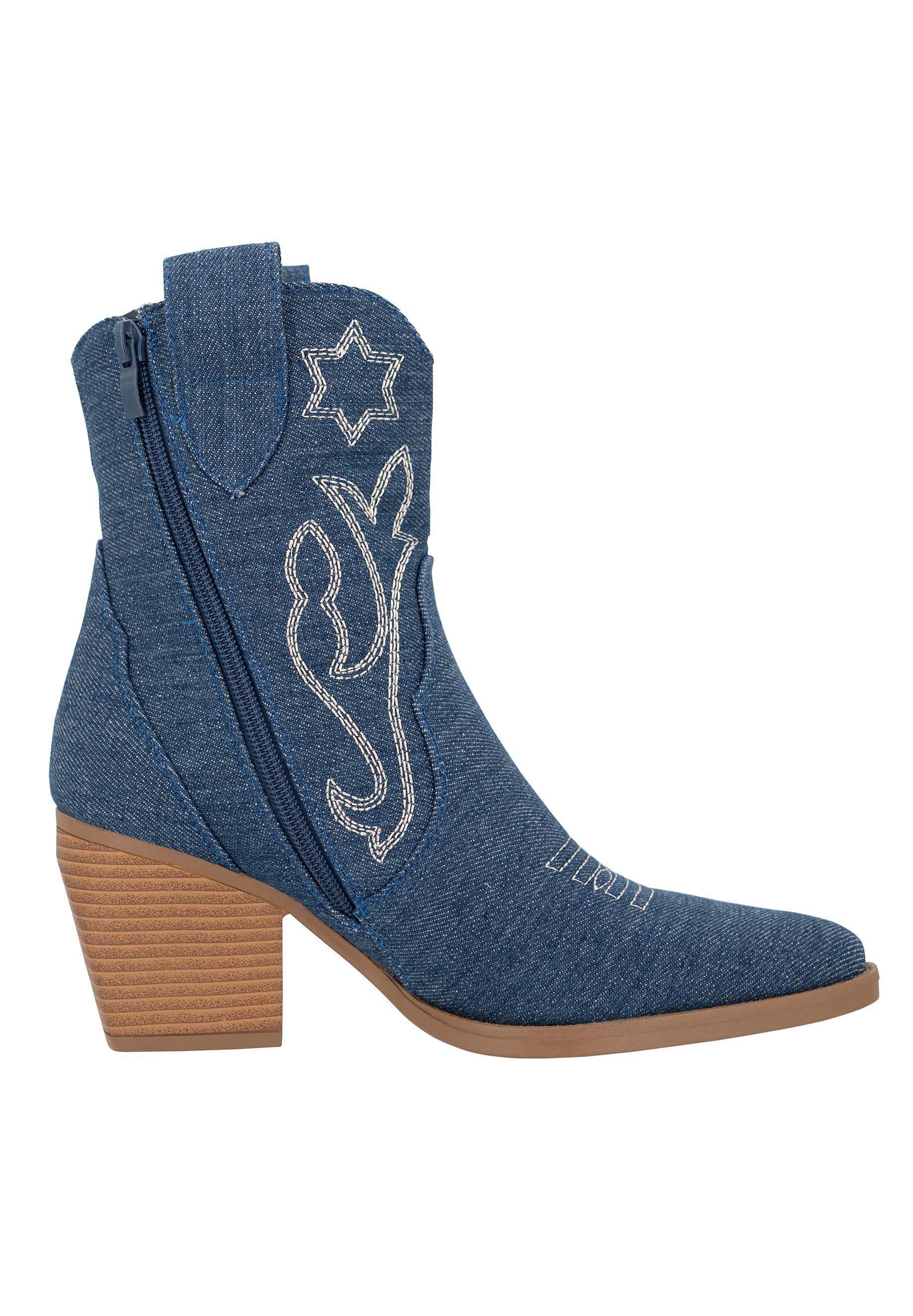 Salinyang Damen Western Stiefeletten in Denim-Optik mit Stickerei und Absatz Cowboystiefel