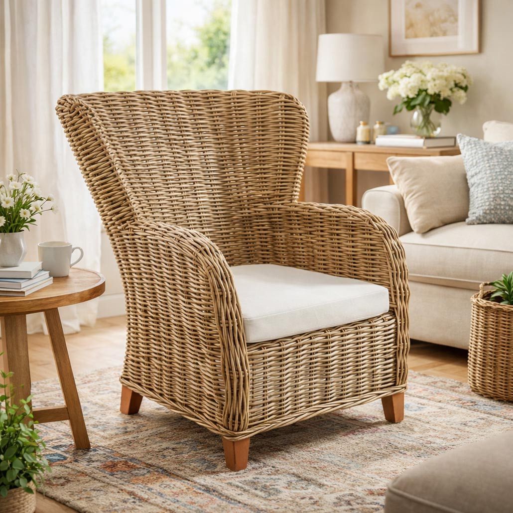 Kobolo Rattanstuhl Rattansessel Stuhl Esszimmerstuhl TOSCANO mit Sitzkissen (Einzelstück, 1 St), Stuhl Armlehnen Esszimmerstuhl 98 cm hoch