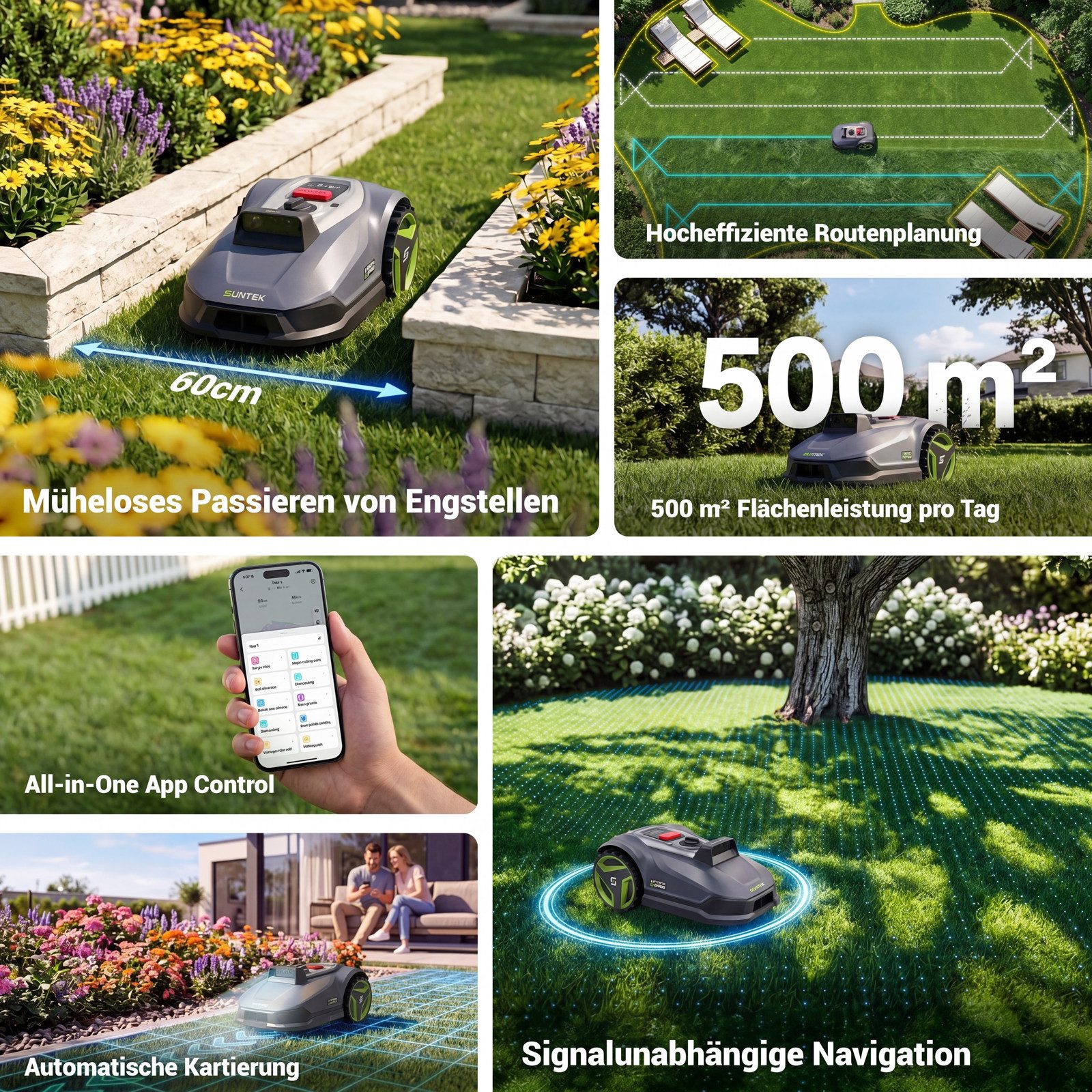 SUNTEK Rasenmähroboter Triple-Kamera-System Mähroboter ohne Begrenzungskabel mit Garage, bis 500 m² Rasenfläche, (1-St), 500, App, Multizonen-Management