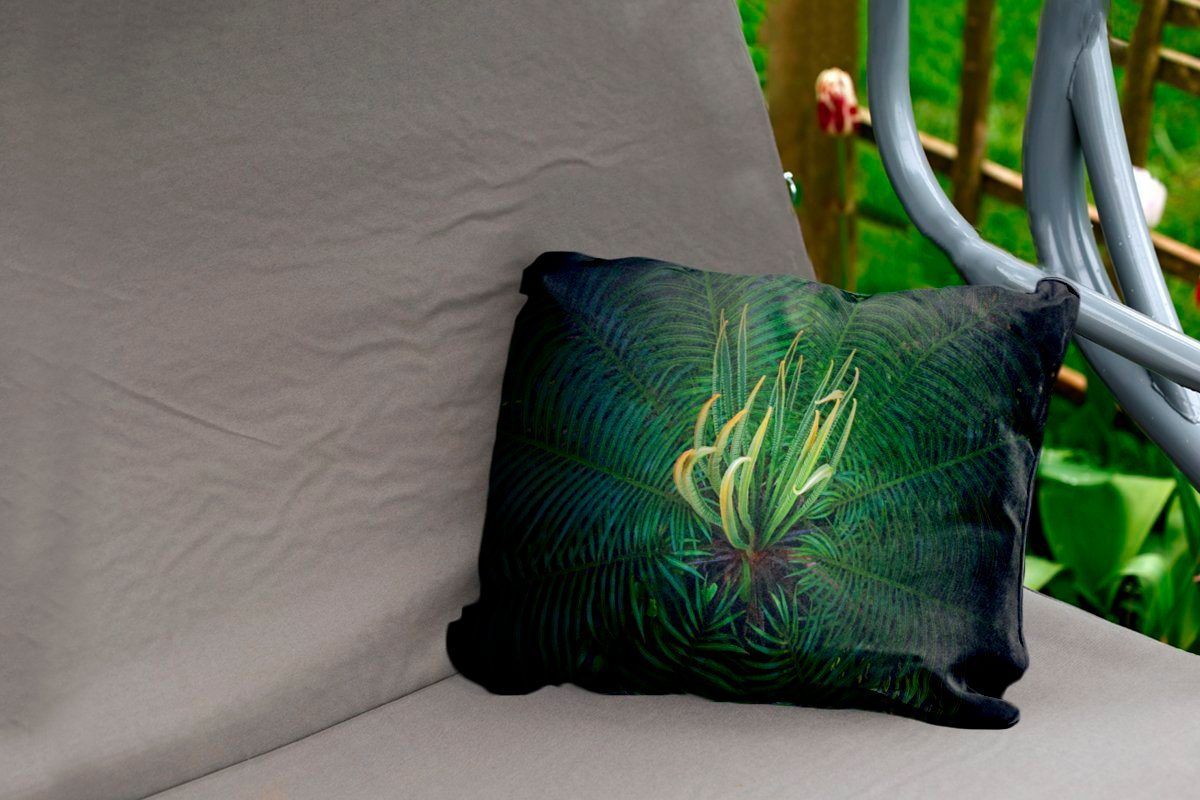 Outdoor-Dekorationskissen, Cycas-Pflanze schwarzem Eine auf Hintergrund, Dekokissen Dekokissenbezug, Kissenhülle Polyester, MuchoWow blühende